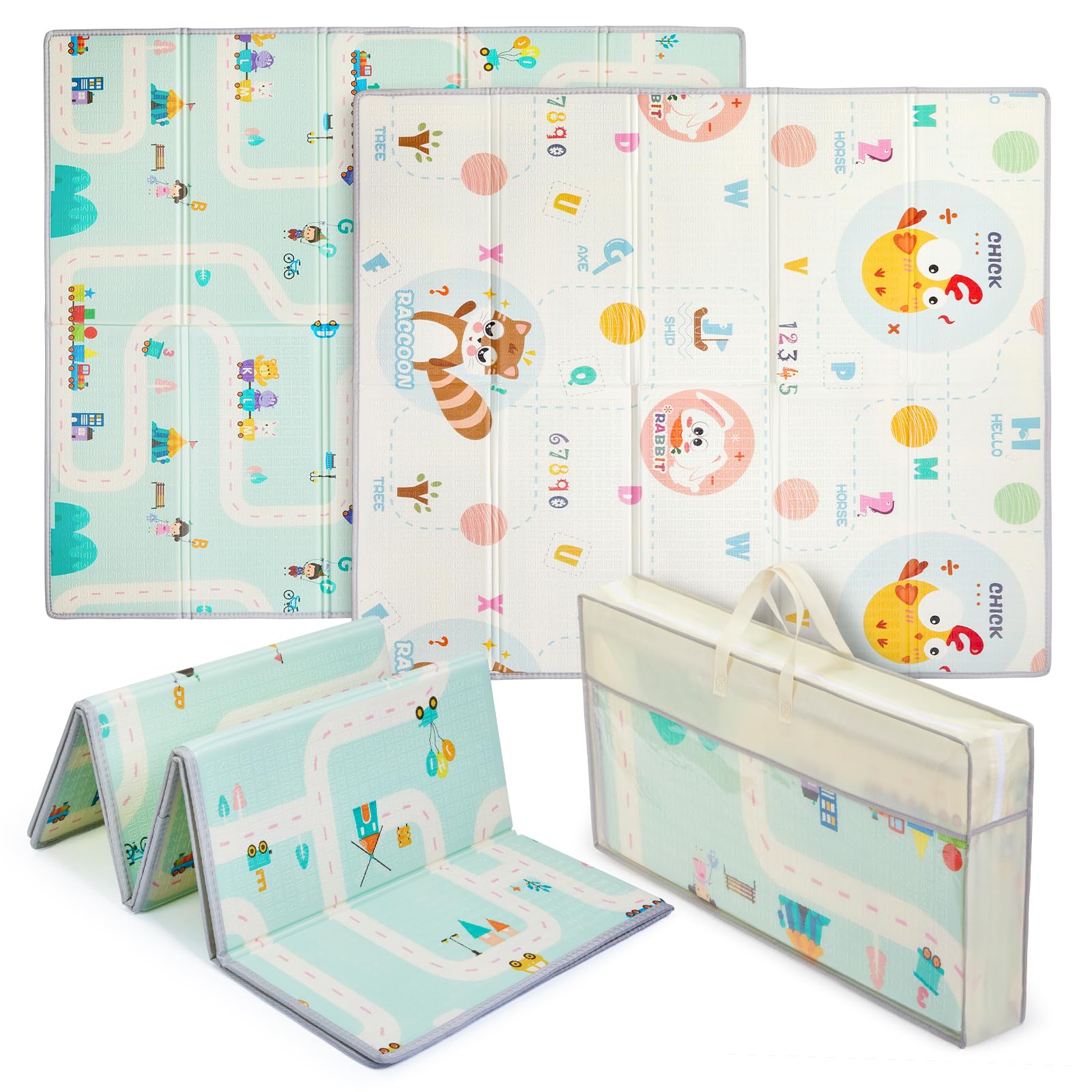 Baby Play Mat, 180×150 cm, Foldable Kids Playmat, Baby Crawling Mat for Toddlers & Infants, Waterproof Reversible Foam Mat, Large Anti- Slip Playpenmat(180 * 150 cm, Rabbit & Rail)
