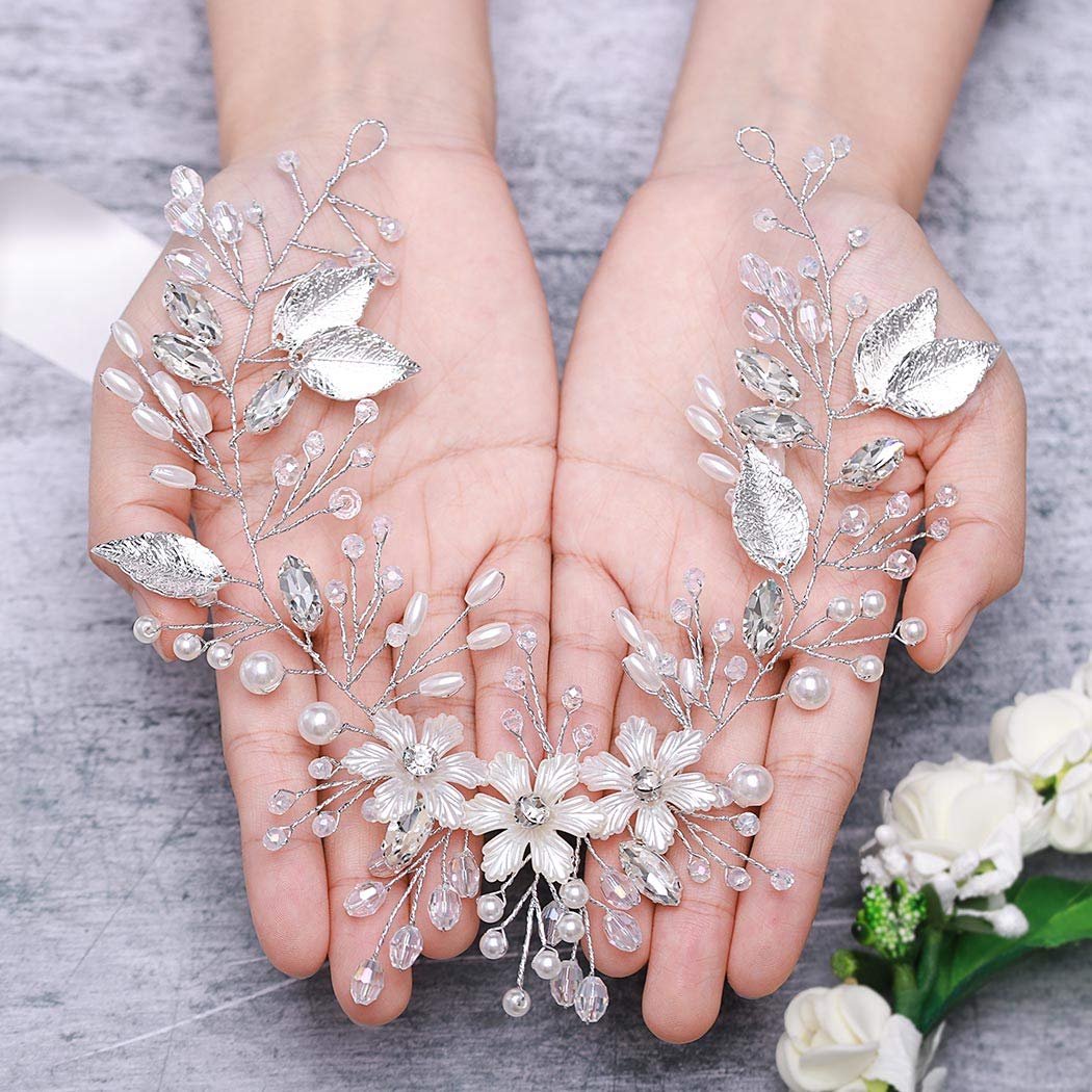 Unicra Bride Flower Wedding Hair Vine Leaf Silver Bridal Hair Piece Pearls Hair Accessories for Women and Girls - Image 6