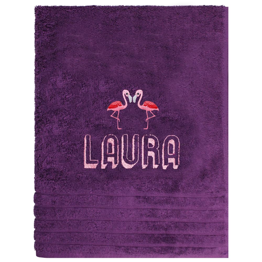 TeddyT's Personalised Flamingo Embroidered 3d Name Embroidered Bath Towel (Purple)