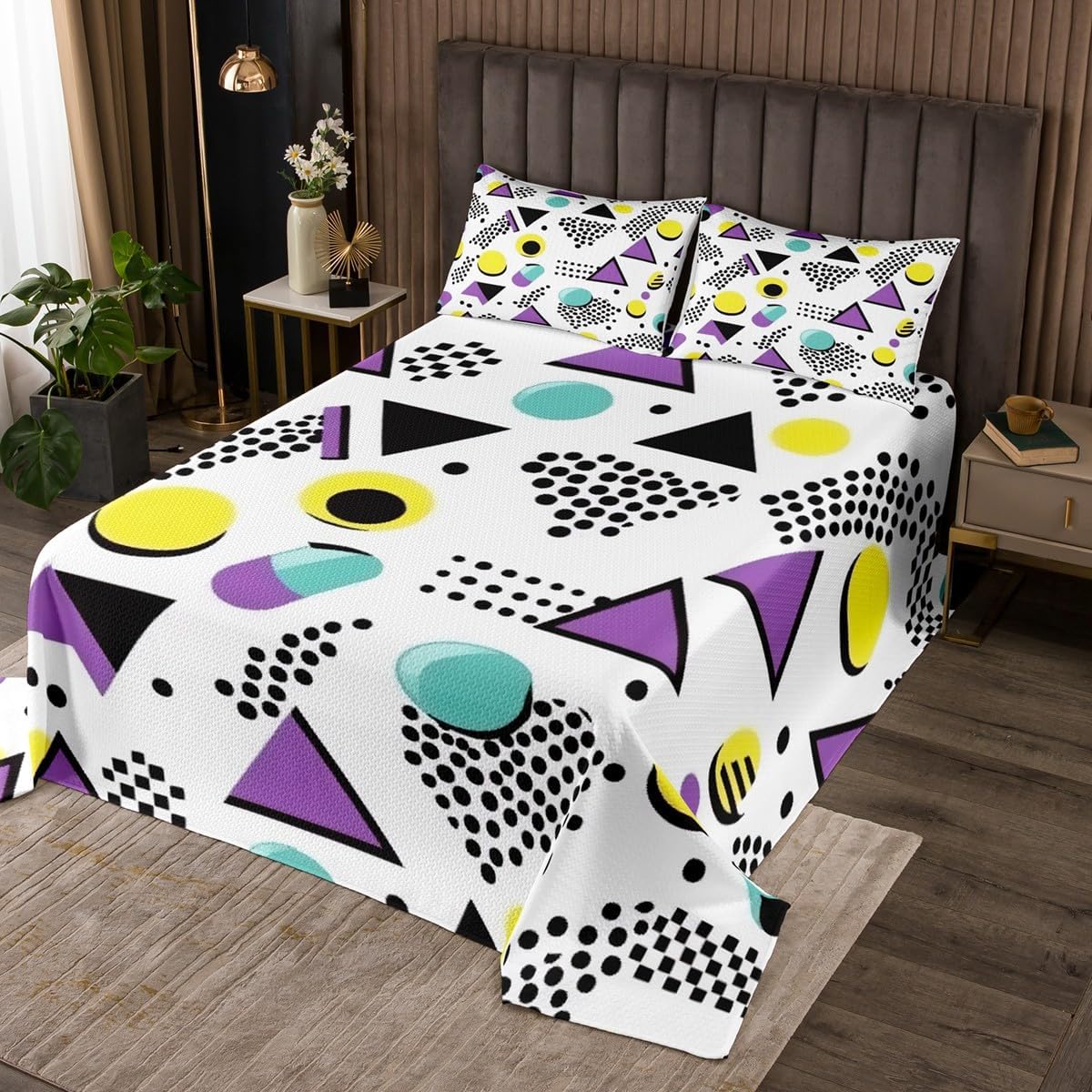 Erosebridal Memphis Geometric Pattern Coverlet Set King Size,Retro Style Round Half Moon Triangle Shapes Artwork Quilted Colorful Graphic 80s 90S Style Bedspread Abstract 1990S Memphis Home Decor