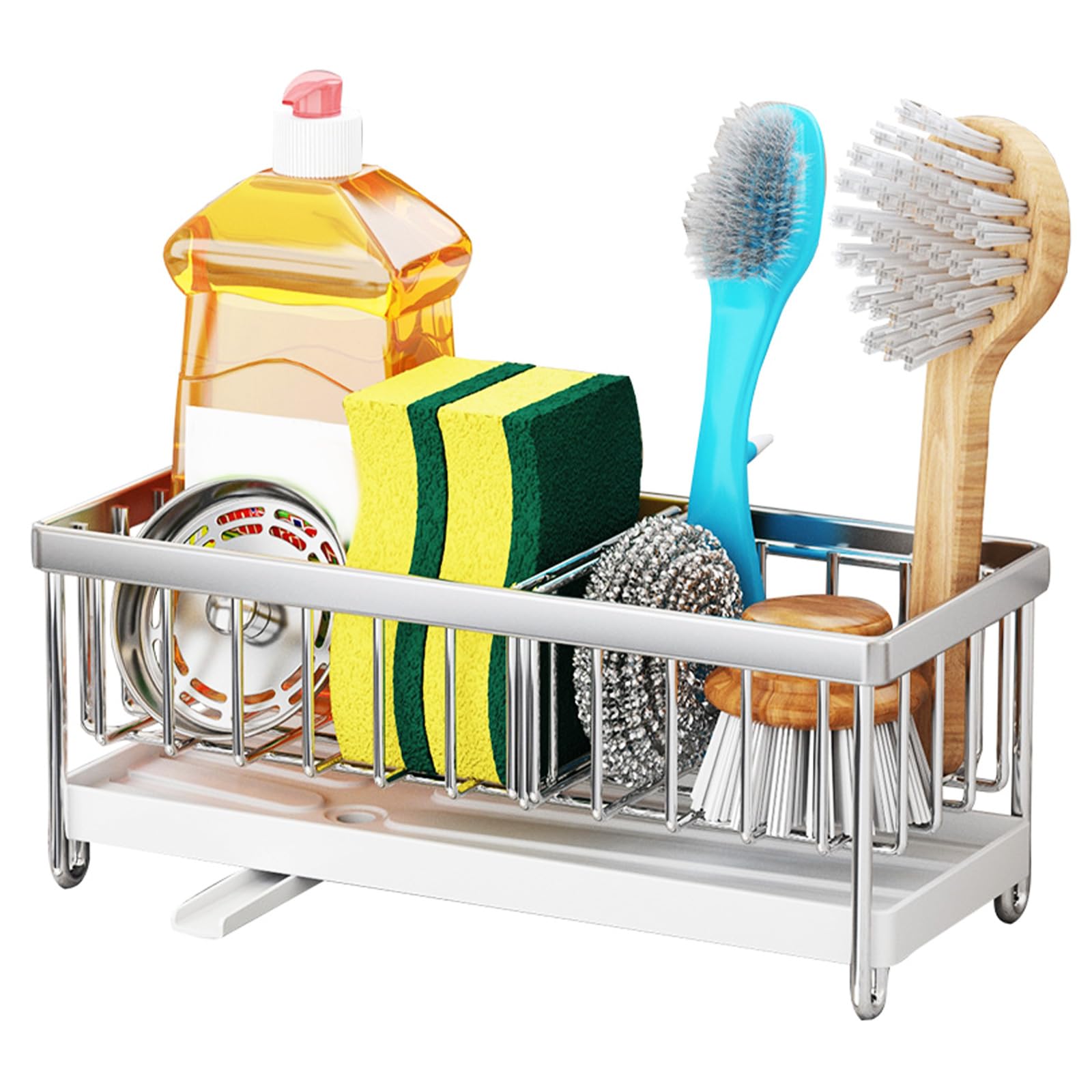 Kitchen Sink Caddy, Stainless Steel Kitchen Sponge Holder with Removable Drain Tray & Drainage, Kitchen Sink Organiser Tidy Rack with Adjustable Compartment, Countertop Sponge Holder for Kitchen Sink