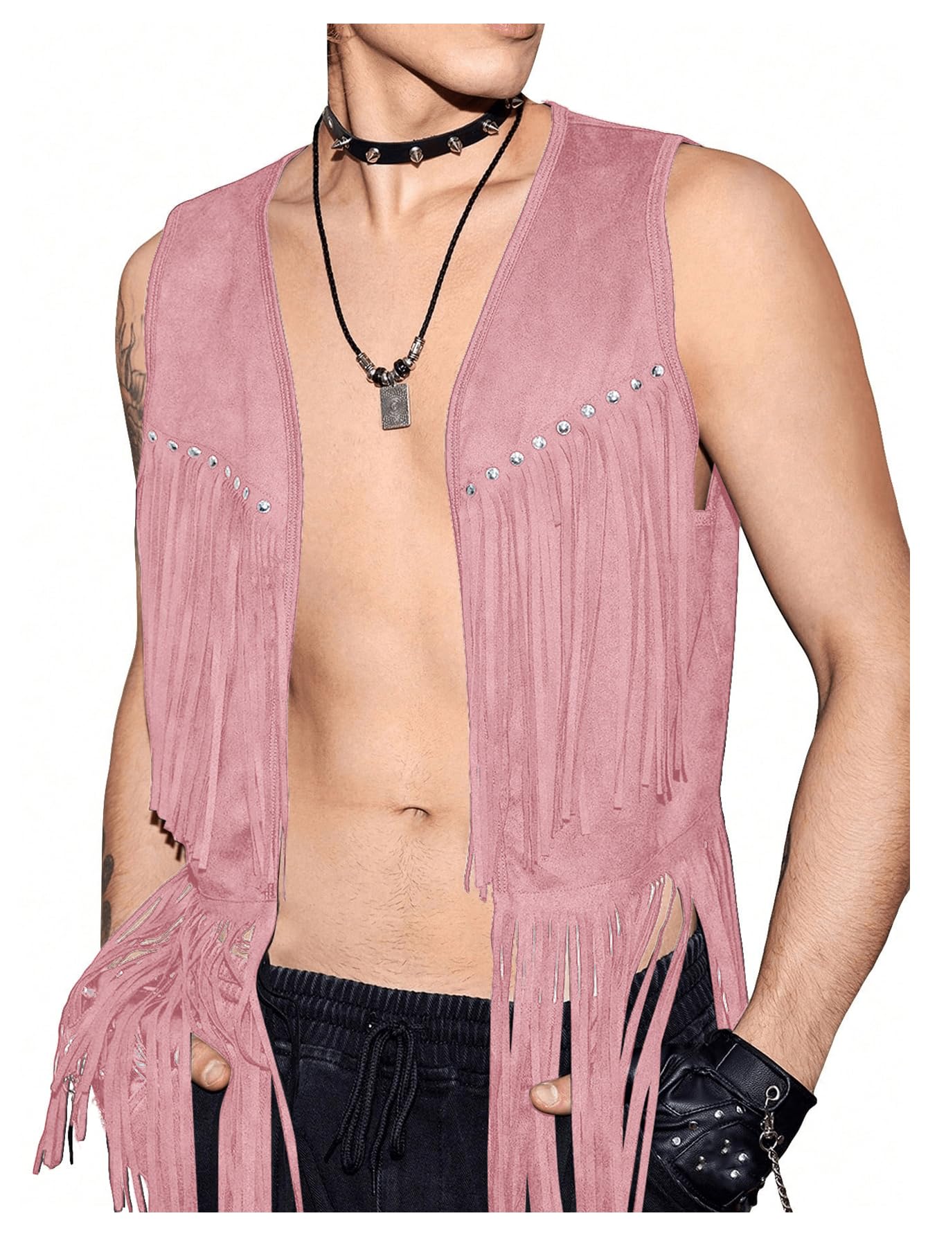 Verdusa Men's Sleeveless V Neck Studded Detail Fringe Trim Open Front Vest Jacket