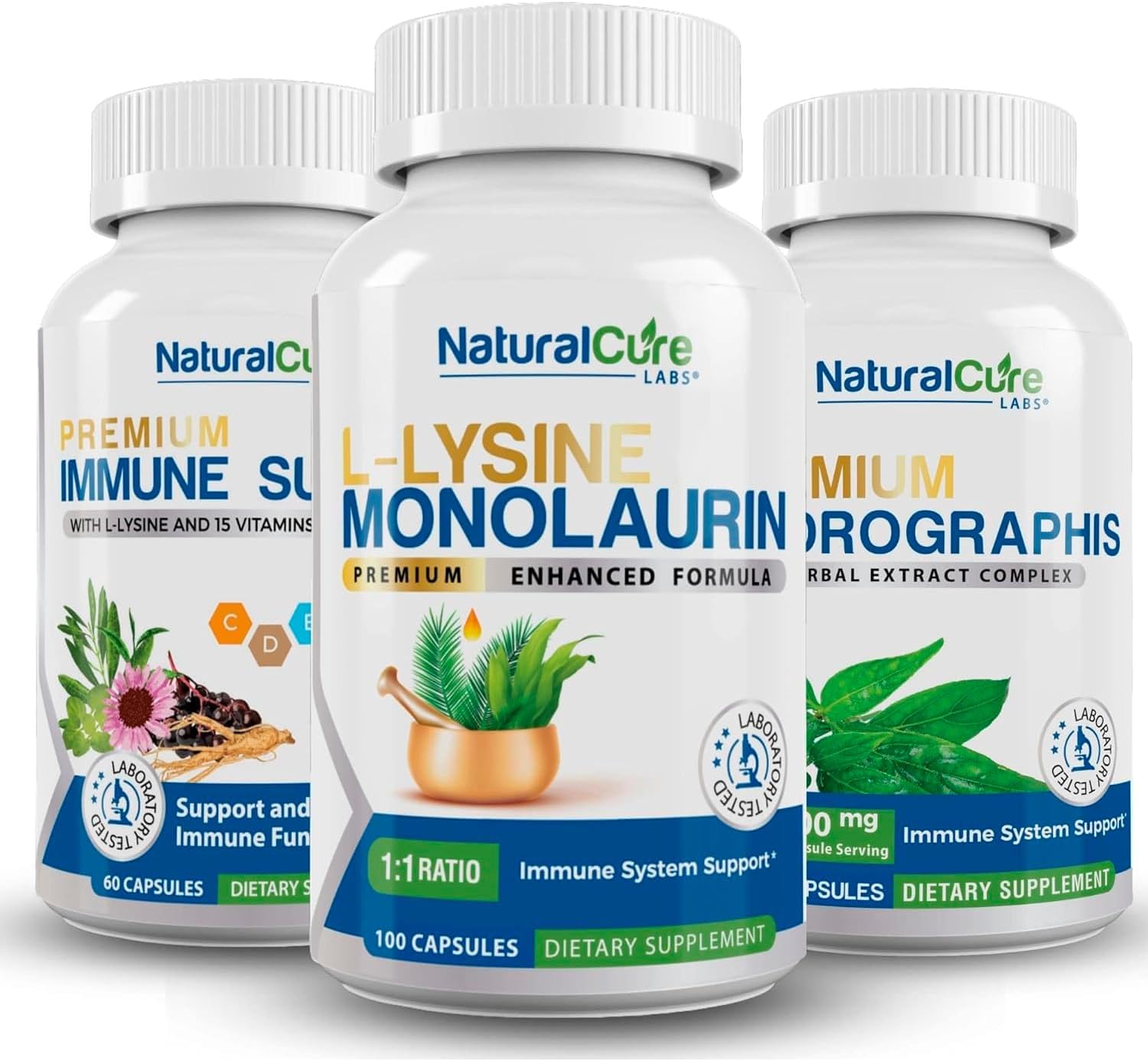 Natural Cure Labs Lysine with Monolaurin, Immune Support, Androgrpahis Bundle