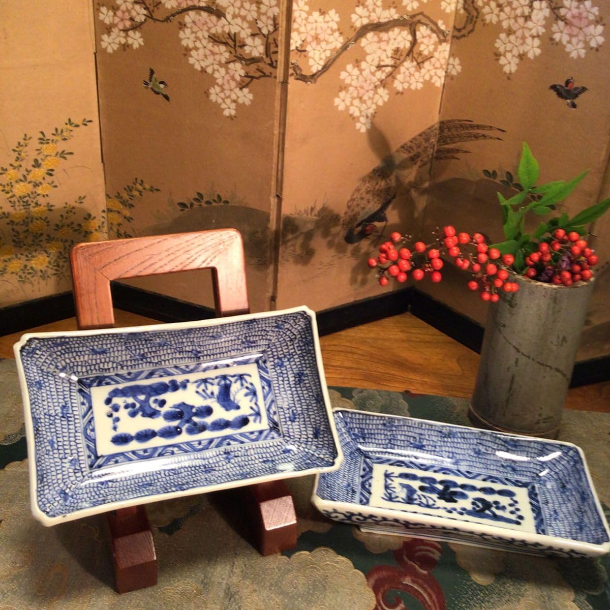 古伊万里 染付 微塵唐草 隅入 長皿 2枚 古伊万里染付