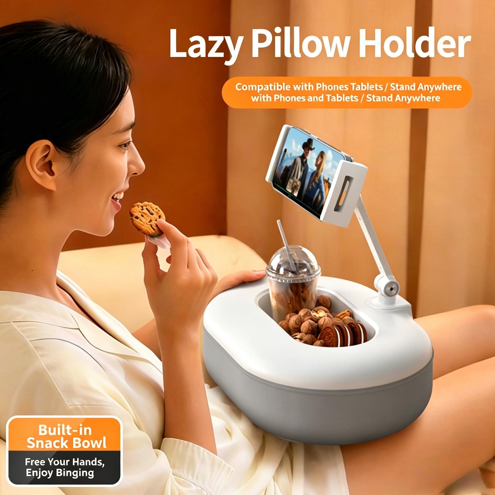 Soporte Plegable para teléfono con Brazos Ajustables y Cuenco para Aperitivos Desmontable para Cama, sofá o Ver películas Aire, Soporte Ajustable para tabletas