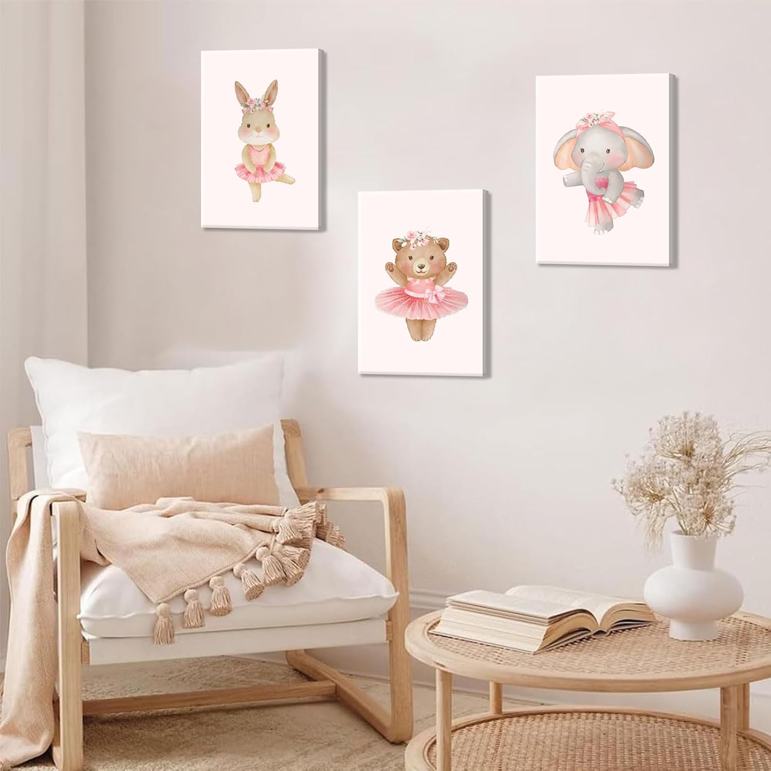 3Pcs Pink Ballerina Animals Canvas Wall Art Cute Elephant Bunny Bear Wall Decor Pictures Nursery Baby Room Posters Prints for Girls Room Bedroom Home Decoration 16x24in