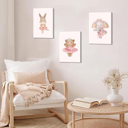 Miniatura 5 de 3 piezas de lienzo de animales de bailarina rosa, arte de pared, lindo elefante, conejo, oso, decoración de pared, imágenes de guardería, habitación
