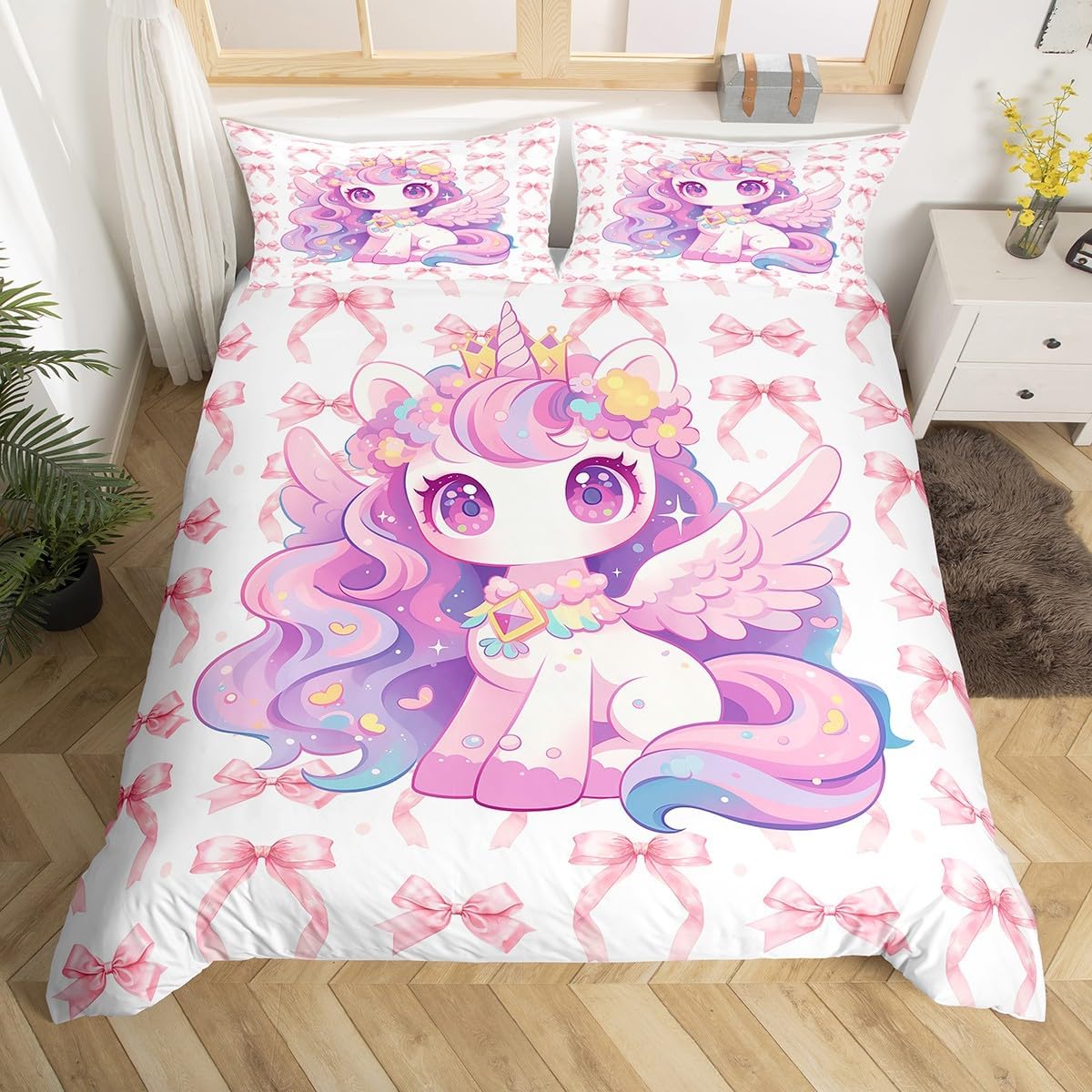 Erosebridal Girls Unicorn Duvet Cover Kawaii Bowknot Princess Bedding Sets for Toddler Kids Cute Bow Bed Set Pink Bow Fantasy Unicorn Bed Cover Toddler with 1 Pillowcase, No Comforter