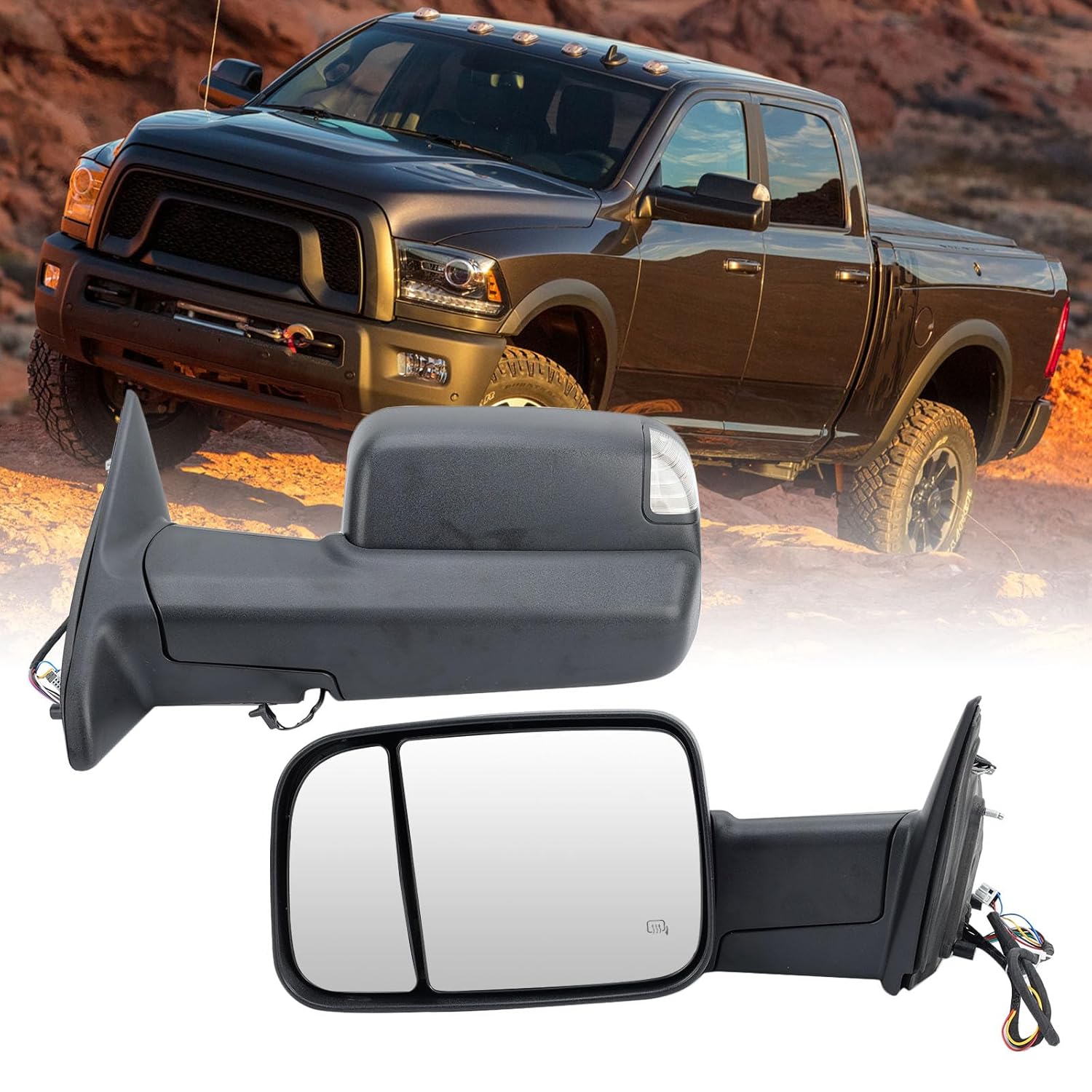 Left Driver Side Mirror Compatible with 2013 2014 2015 2016 2017 2018 2019 Dodge Ram 2500 Mirror with Heated Temperature Sensor Puddle Lights Turn Signal Manual Folding,Black(Long Arm) Black Left Driver Side