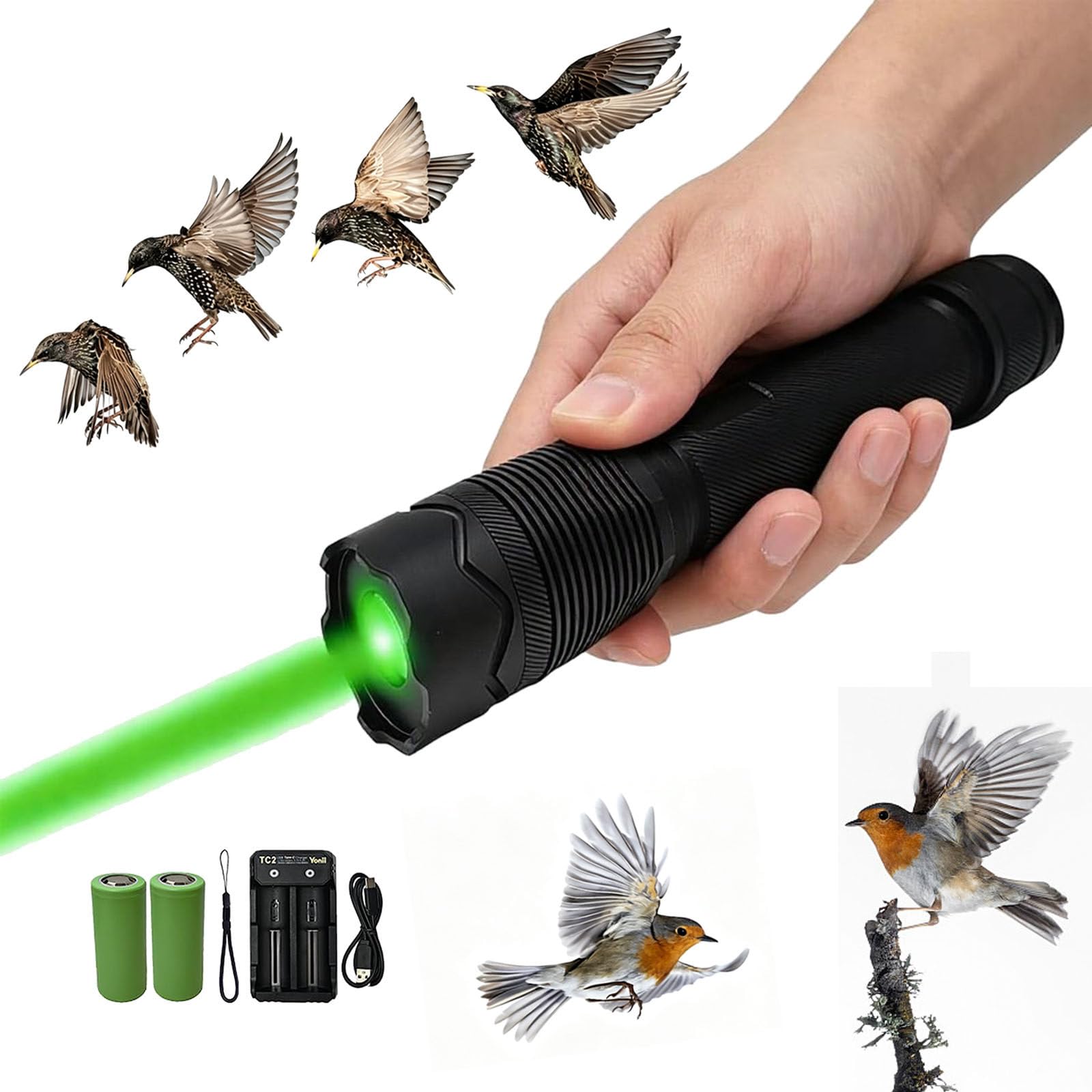Dispositivo Repellente per Uccelli 2‑in‑1, Dissuasore Portatile Manuale, Raggio 1000 M, 5 modalità, per Giardini, Campeggio E Pattugliamento Notturno