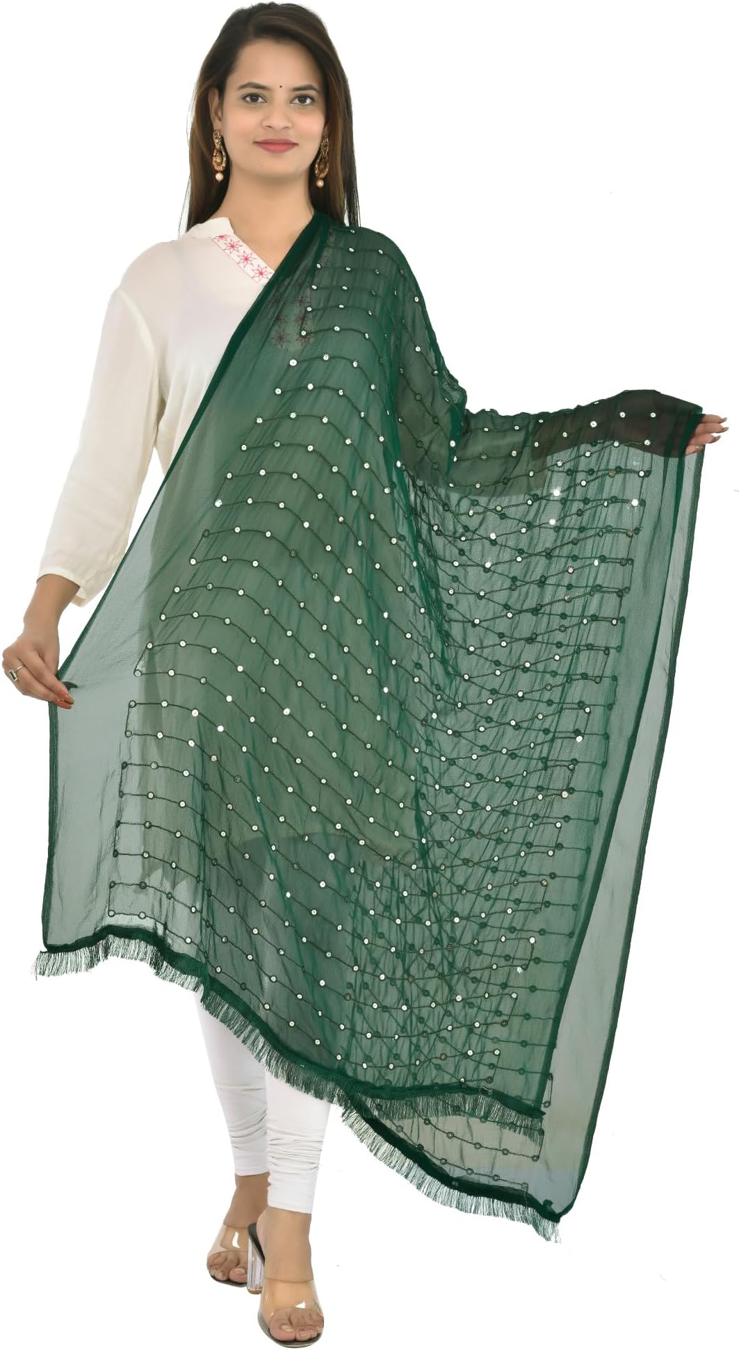 Plastic Mirror Work Embroidered Chiffon Dupatta for Womens & Girls