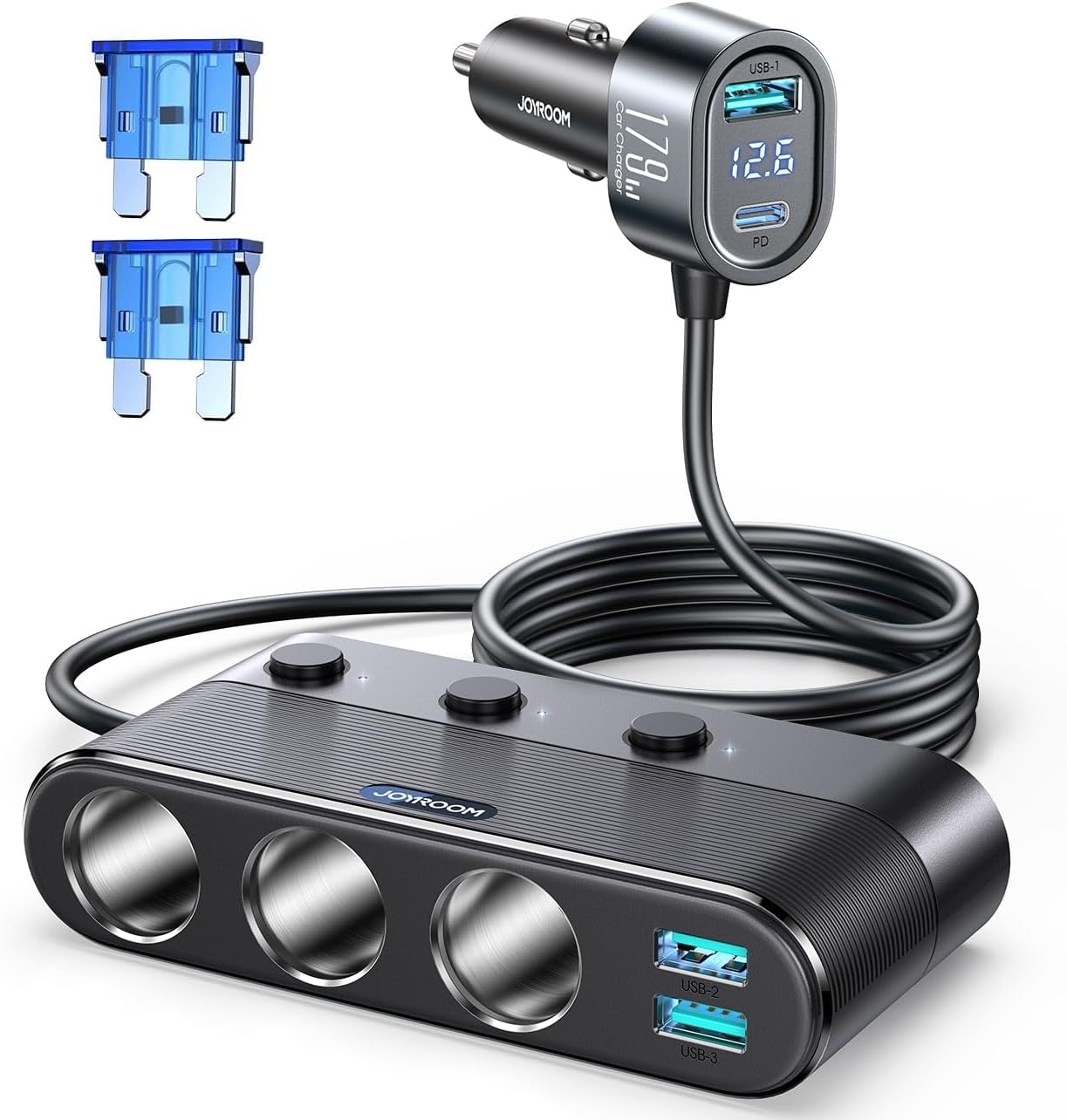 [2026 Upgraded] 7 in 1 Cigarette Lighter Adapter, JOYROOM 179W Car Charger Adapter with PD30W Charge(3.3FT Cable), 24V/ 12V Cigarette Lighter Splitter with Independent Switches & LED Voltage Display