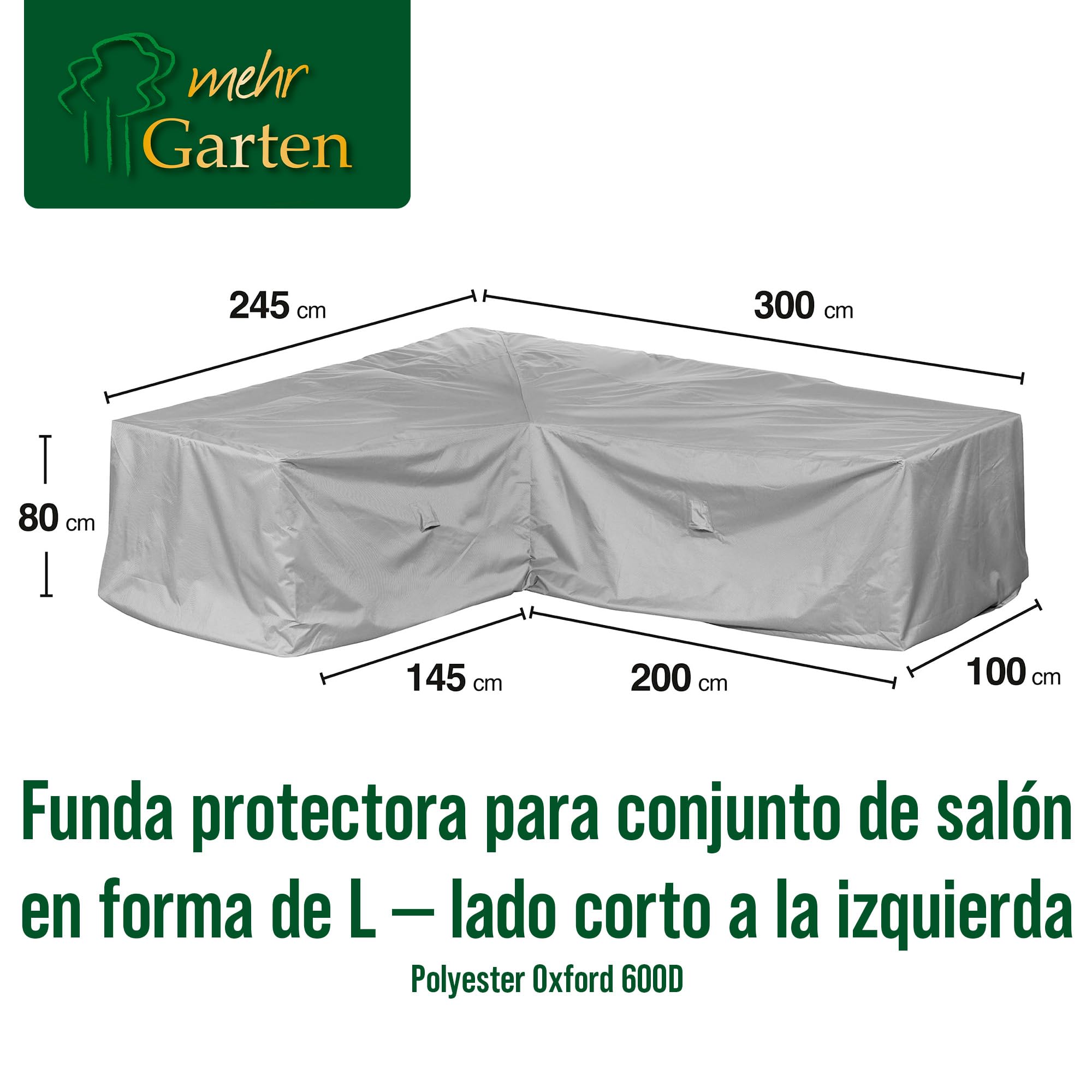Funda protectora para sofá esquinero de jardín (asimétrico) | 300 x 245 x 80 cm | Poliéster tejido Oxford 600D, color: gris