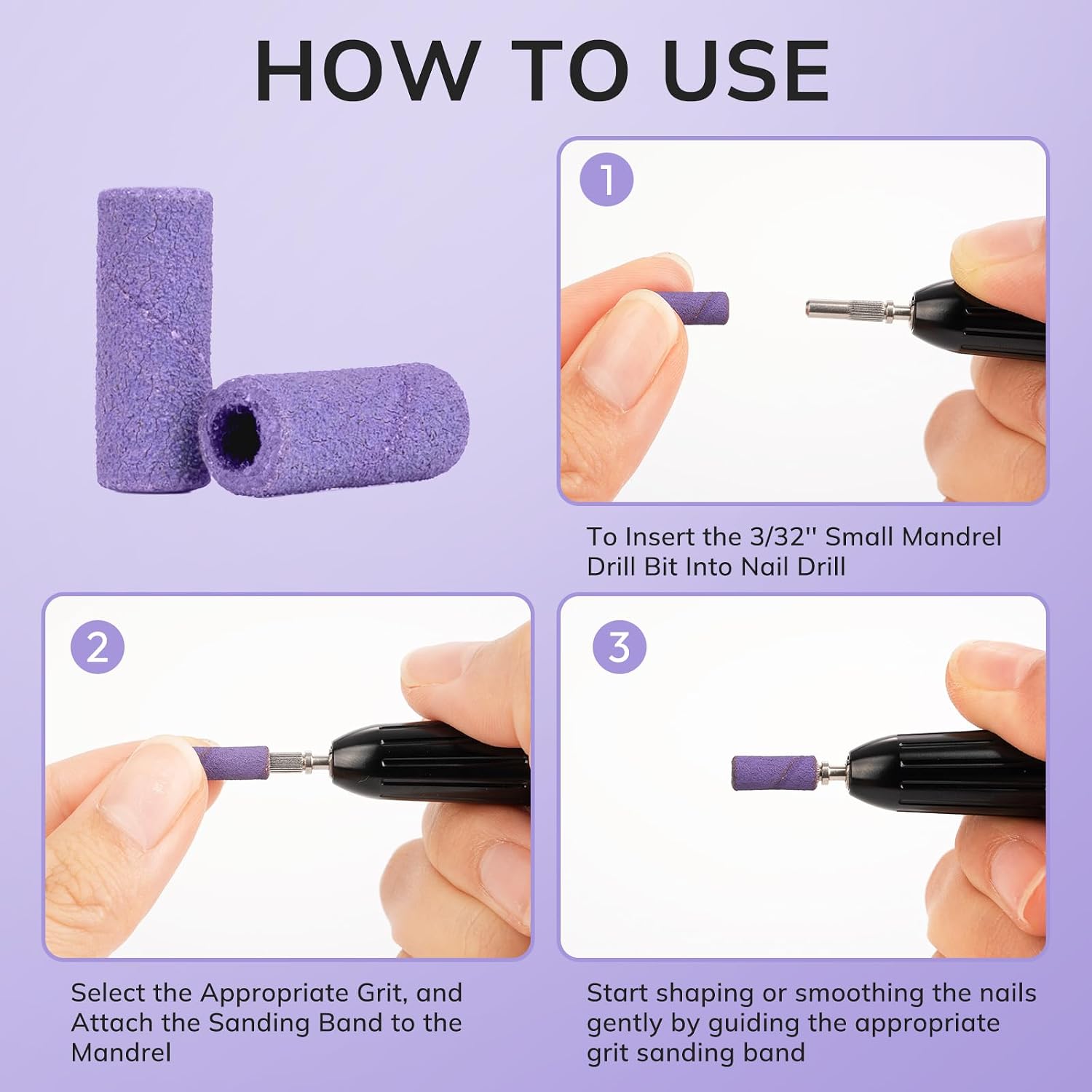 Lavinda 80 Piece Small Sanding Bands Nail Drill Bit, Fine Sanding Bands for Nail Drill with 3.1mm Mandrel Bit for Acrylic Nails Gel Removing Shaping Polishing Nail Salon Use (180 Grit, Purple)