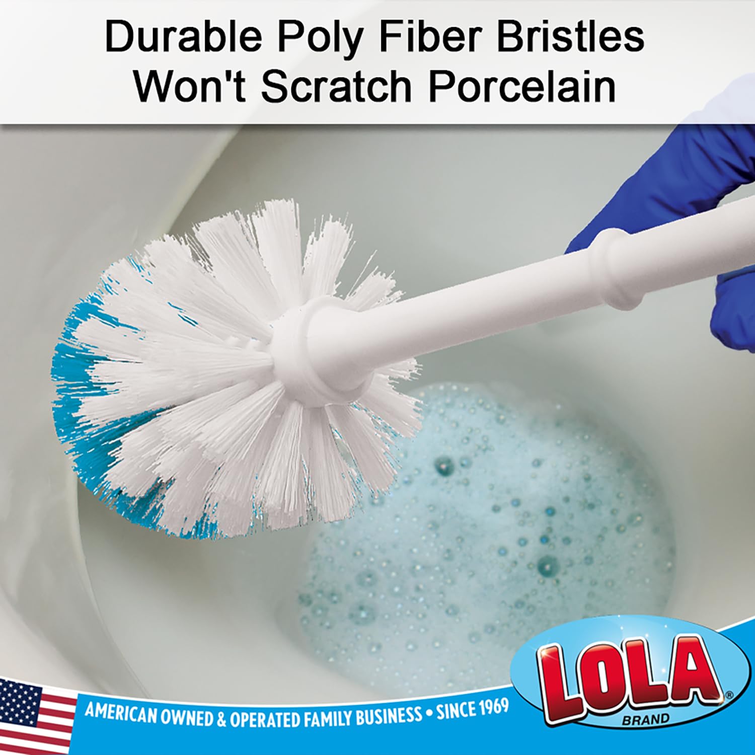 Lola Products - Juego de escobilla de inodoro y soporte, versión clásica, duradero, cerdas rígidas fuertes para una limpieza profunda, antiarañazos con soporte de almacenamiento compacto que ahorra