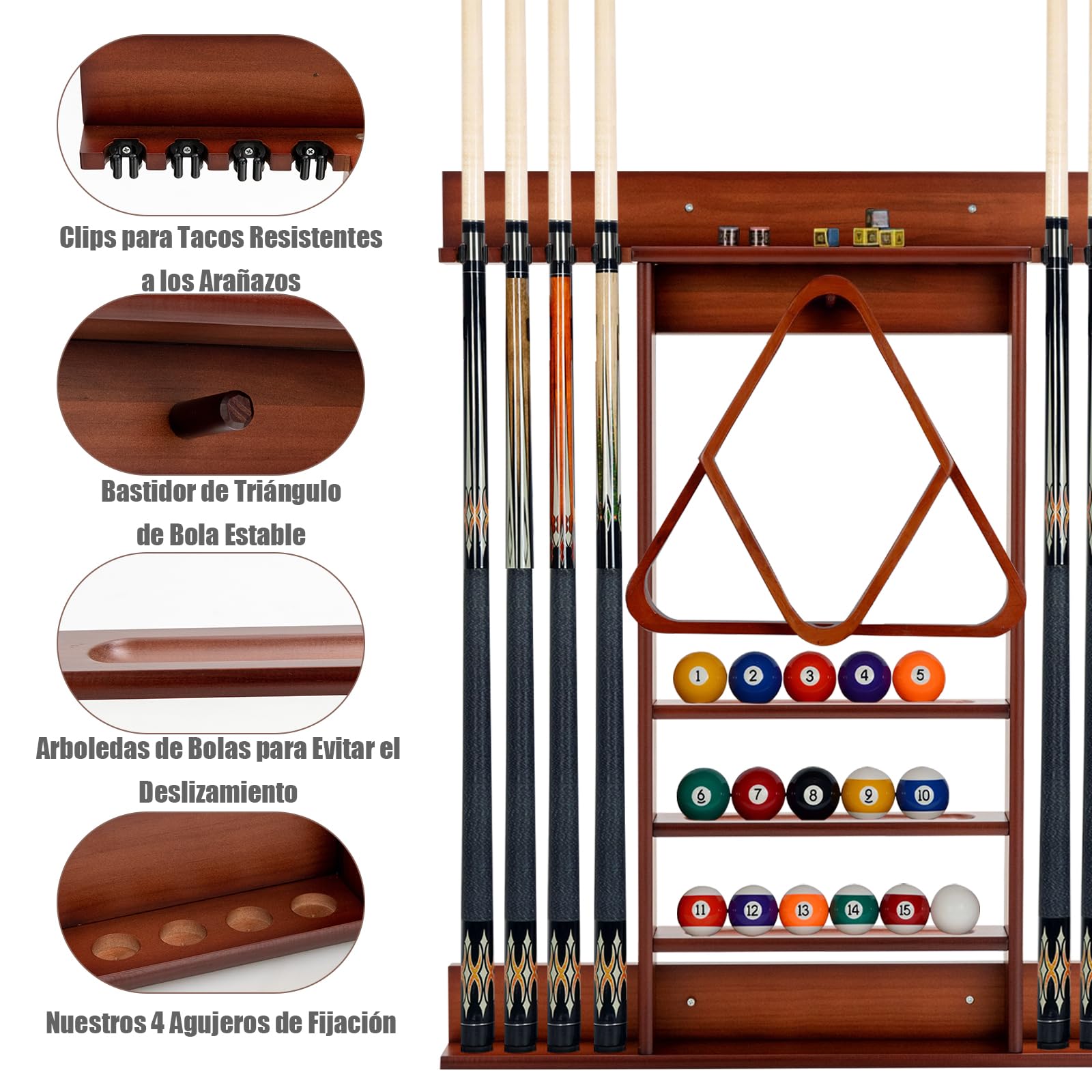 GYMAX Soporte para Tacos de Billar de Madera de Pino, Soporte para Tacos de Billar para 8 Tacos, 15 Bolas de Billar y Accesorios de Billar, Accesorios de Mesa de Billar para Sala de Billar, Bar, Club