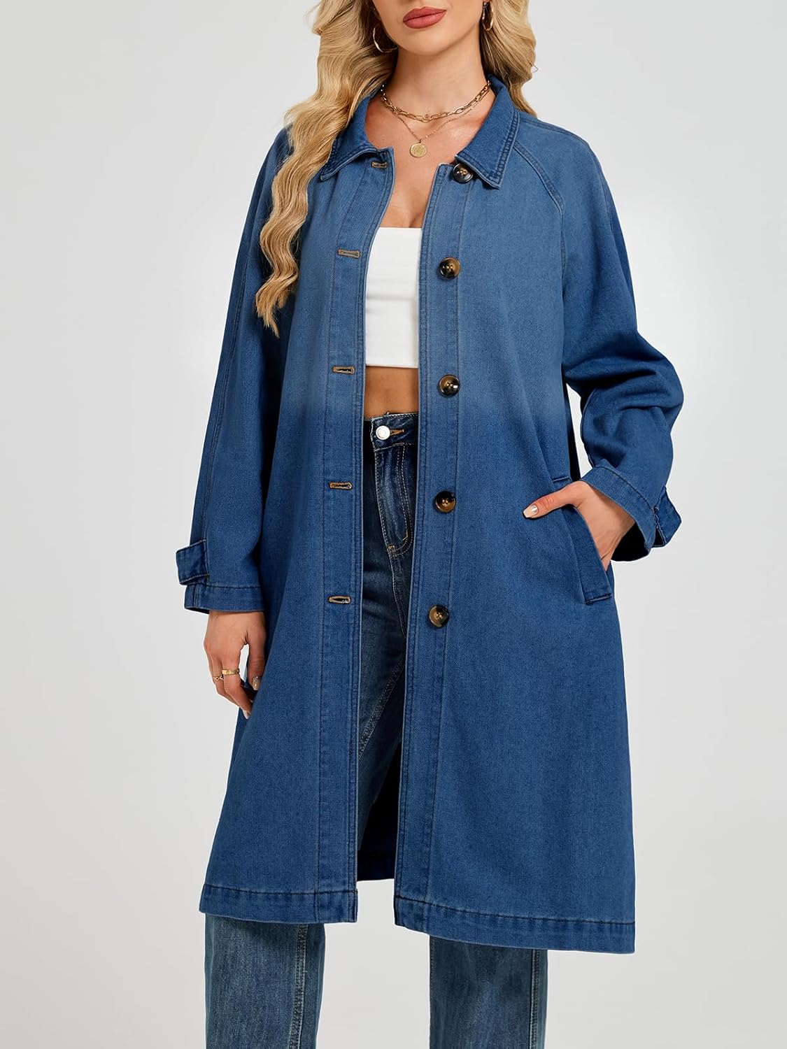 LifeShe Denim Trench Coat Women Midi Long Jean Jacket Oversized Single Breasted Maxi Duster Overcoat - Image 3