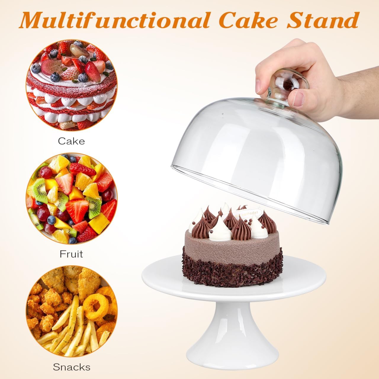 ERINGOGO Cake Stand 8 inch Ceramic Cake Stand, Footed Cake Plate with Glass Dome, Dessert Serving Platter Cheese Board, Wedding Server Tray for Pastries, Doughnuts, Muffin Wedding Decor