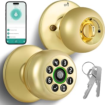 Smart Fingerprint Door Knob with Keypad,Fingerprint Door Lock,Bright Brass