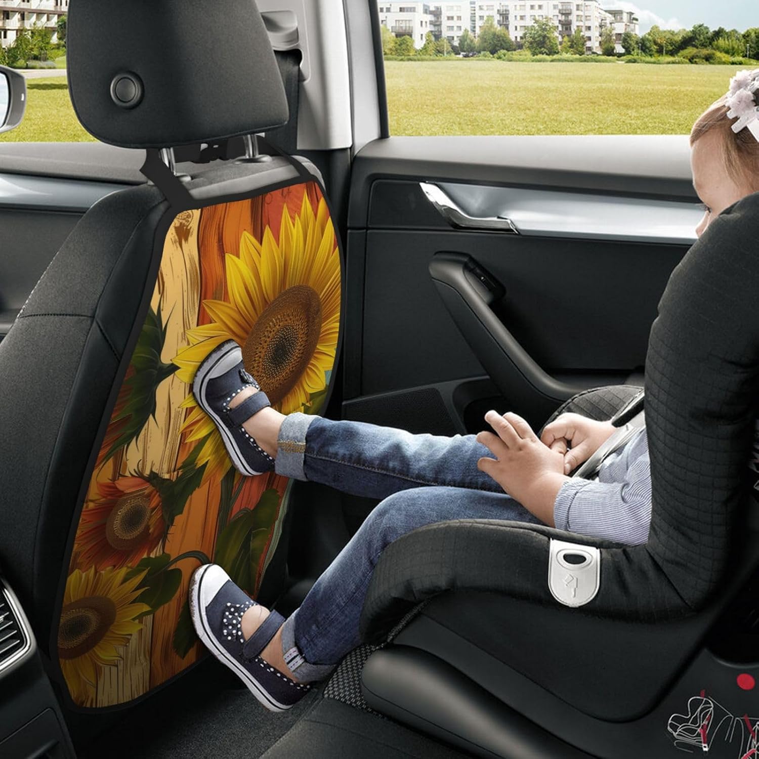 Car Seat Back Kick Protector 2 Pack 18.5x26.4 Inch, Vintage Sunflower Wood Anti-Kick Pad, Waterproof Oxford Fabric Large Rear Seat Cover for Kids Pets Fits SUV Jeep Truck Sedan