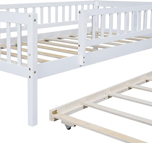 Miniatura 9 de Base de cama de tamaño individual con barandillas nido y valla para niños, adolescentes y adultos, soporte de listones de madera, no necesita