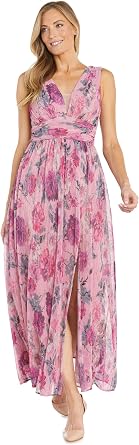 Crinkle Pleated Floral Maxi Dress W/Illusion V-Neck & Side Slit