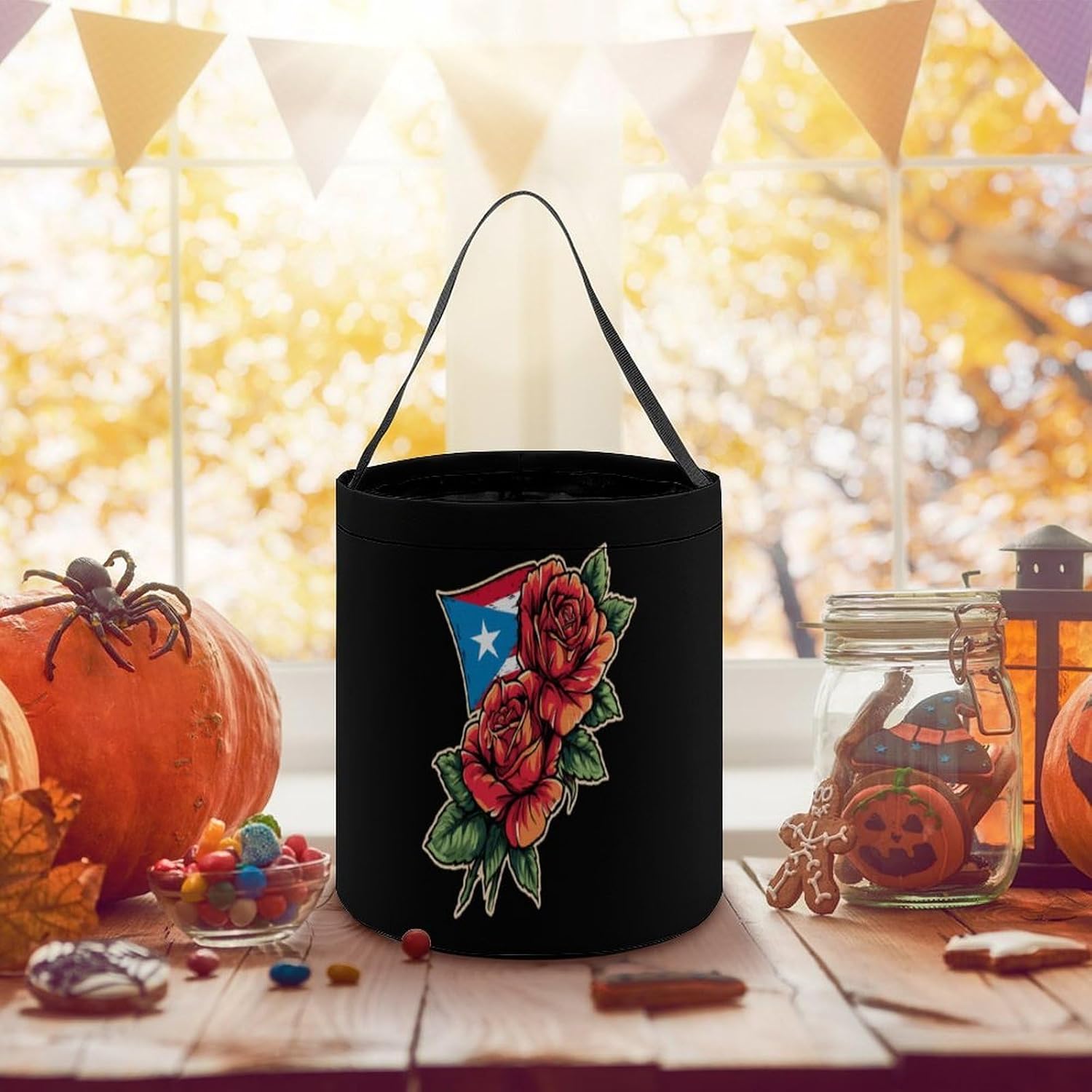 Puerto Flag Rose Halloween Treat Bag Reusable Candy Basket Tote Goody Bags Gift Party