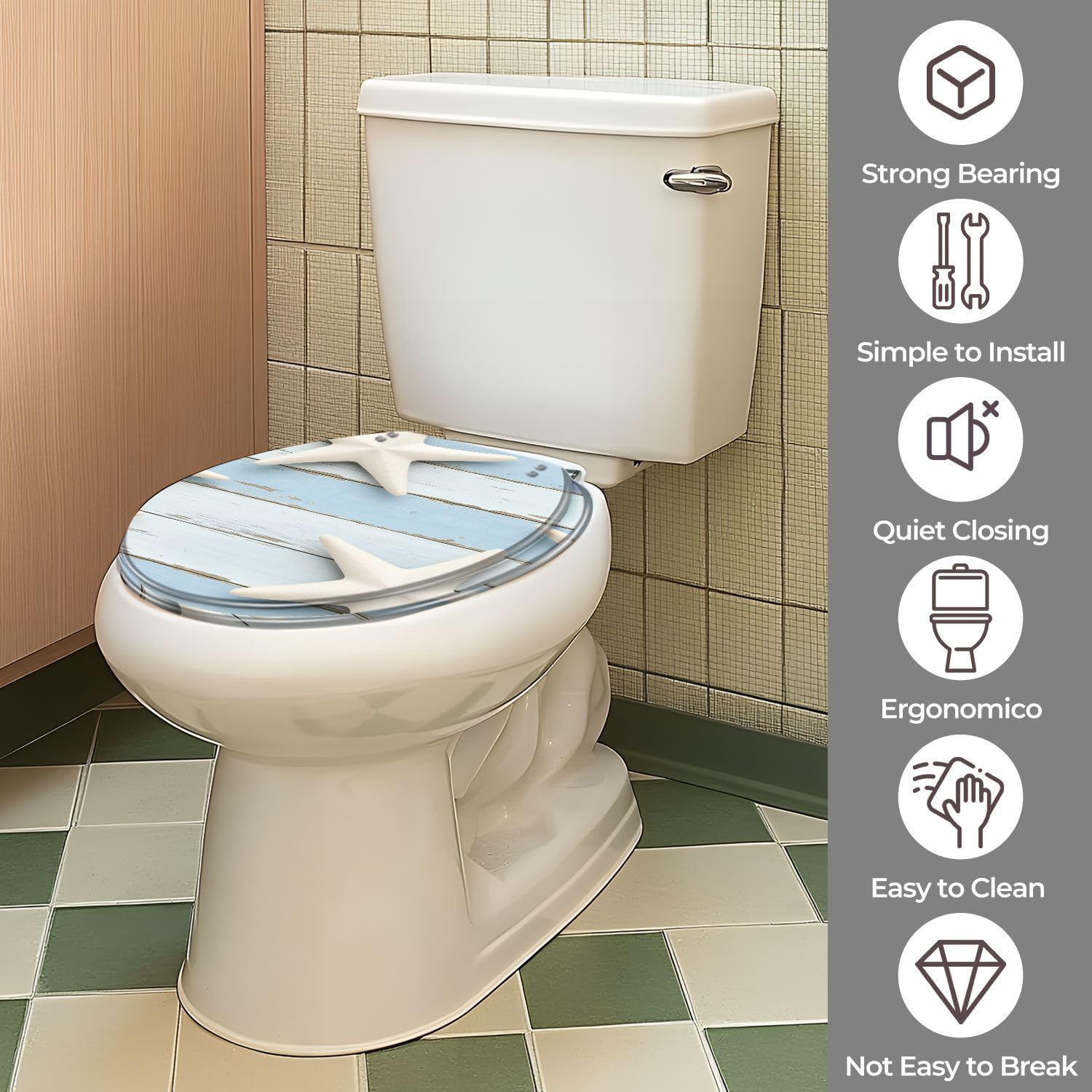 Asiento de inodoro redondo, bisagras de cierre suave, para uso en el baño.
