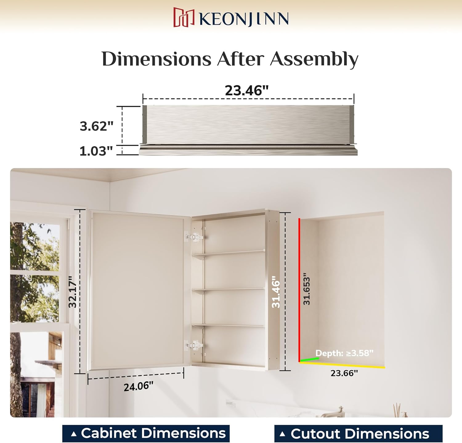 Keonjinn Brushed Nickel Medicine Cabinet Mirror 24" x 32", Assembly Needed, Recessed Medicine Cabinet with Mirror for Bathroom, Beveled Framed, Surface Wall-Mounted or Recessed, Tempered Glass