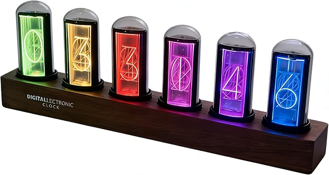 Simulated RGB Nixie tube digital clock, Customizable colors,cyberpunk-style magnetic tube desktop decor, 24-hour clock,multiple lighting modes, gift suitable for home offices Dark wood color