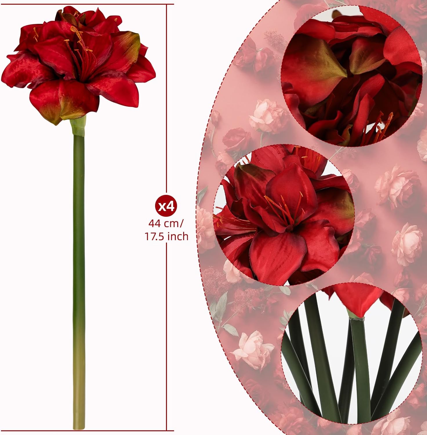 4PCS 17.5 Inch Red Amaryllis Artificial Flowers Faux Amaryllis Flowers Stems with 4 Heads Silk Floral Bouquet for Christmas Home Office Bathroom Table Centerpiece Wedding Party Arrangements - Image 2
