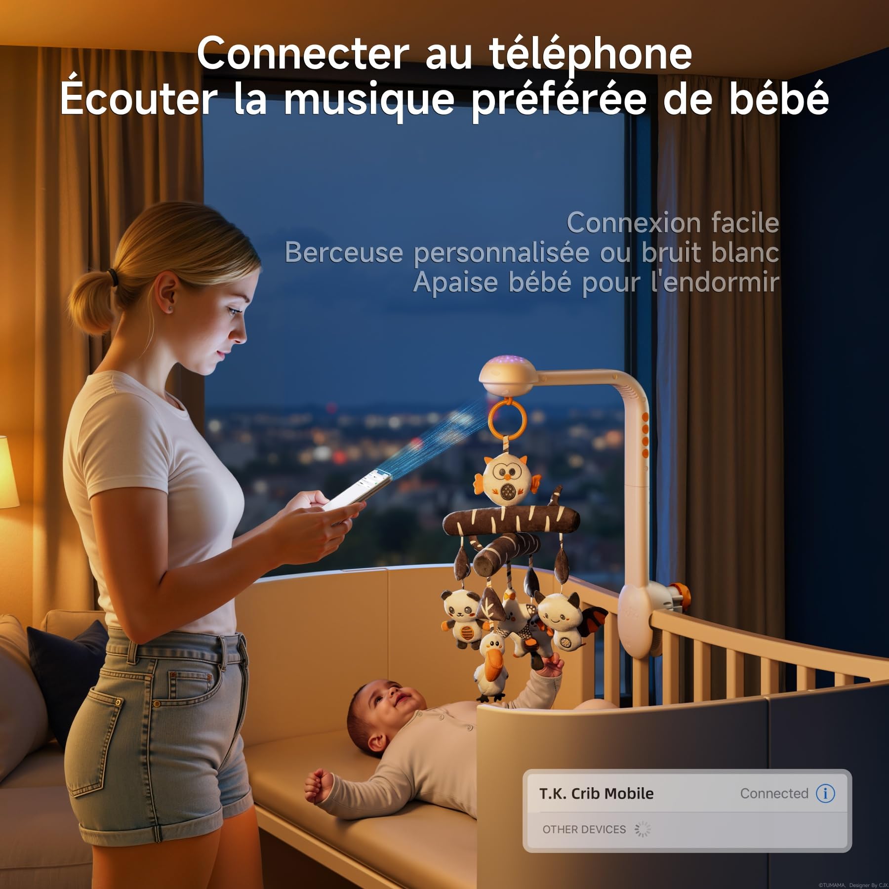 TUMAMA Mobile Musical Lit Bébé, Jouet 3 en 1 avec Projecteur de Veilleuse, Rotation, Musique et Bruit Blanc, Muet Spin Moteur Pépinière Animaux Jouets pour Bebe Garçon Fille Enfant 0 1 2 3 5 6 Années