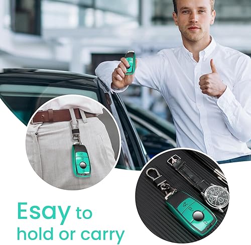 Miniatura 4 de Funda para llavero de Mercedes Benz con llavero de cuero, funda de grano de superficie de TPU suave avanzada para llavero remoto inteligente sin
