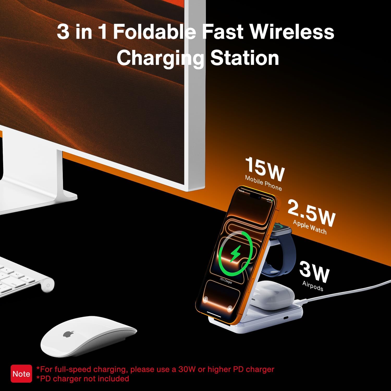 iVANKY 3 in 1 Foldable Magnetic Wireless Charging Station, 15W Fast Charger Stand for MagSafe, Travel Charger for iPhone 17 16 15 Pro Max, Apple Watch, AirPods, Compact & Portable, White(No Adapter)