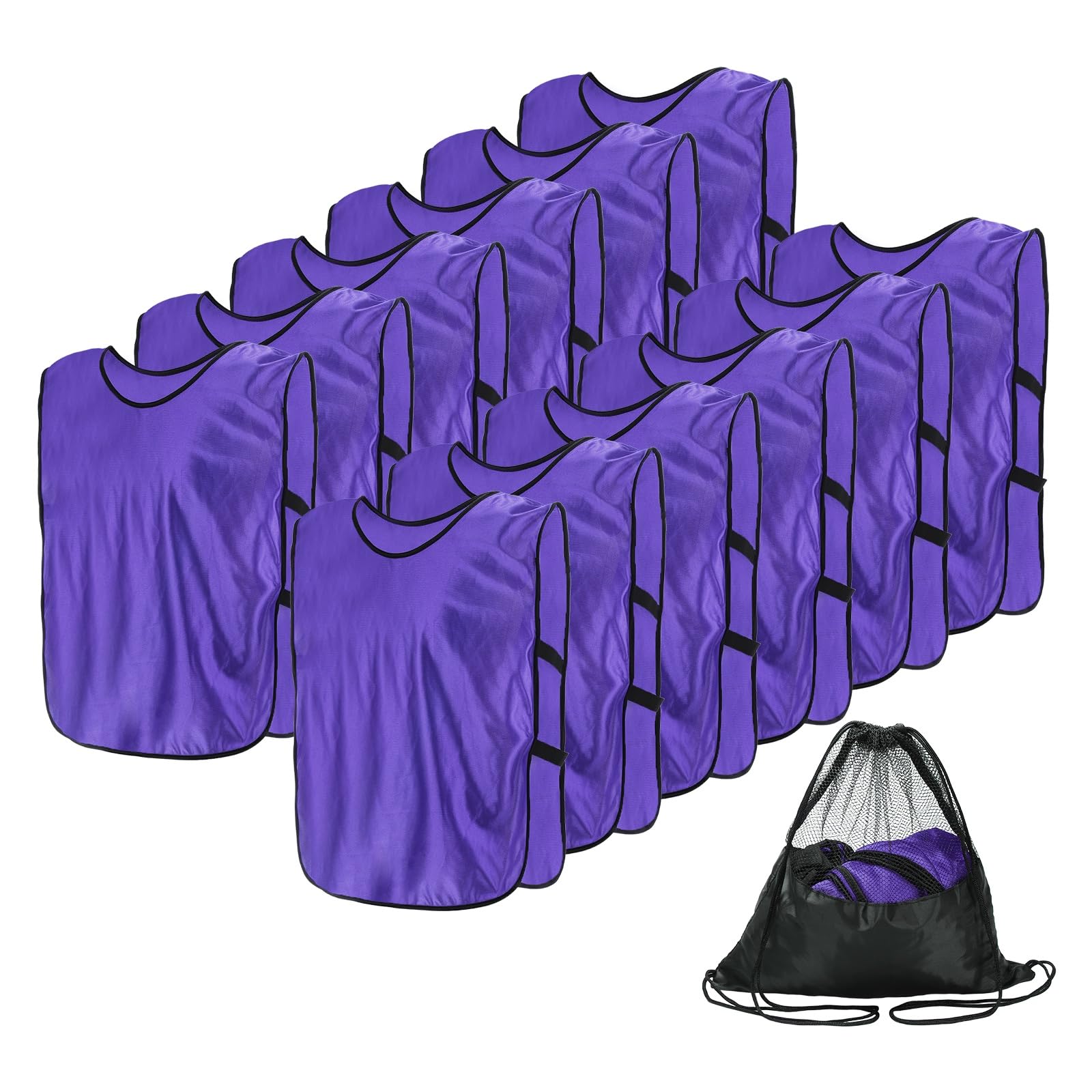 YELARXI Soccer Pennies, Team Sport Practice Jersey, Soccer Pinnies Scrimmage Vest with Elastic Bands Drawstring Bag 17.7"x11" & 12 Pcs & Purple -Fitting for (Adult/Basketball/Sport)