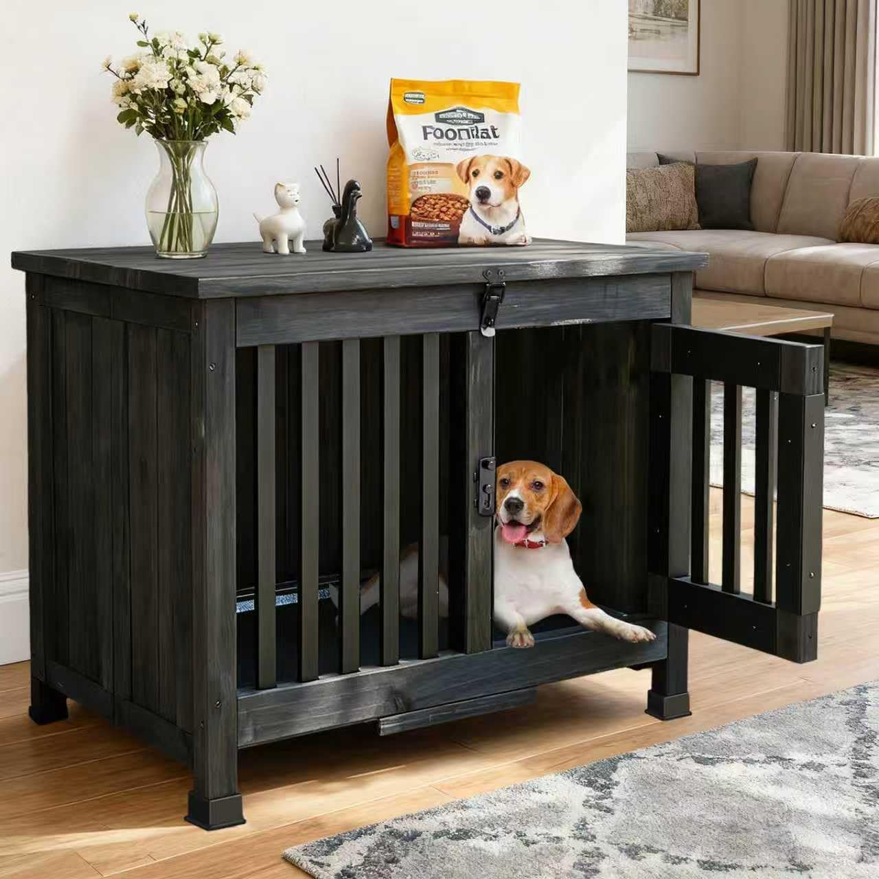 Wooden Dog Crate End Table, Indoor Pet House Kennel for Small and Medium Dogs, Decorative Furniture with Removable Tray, Black