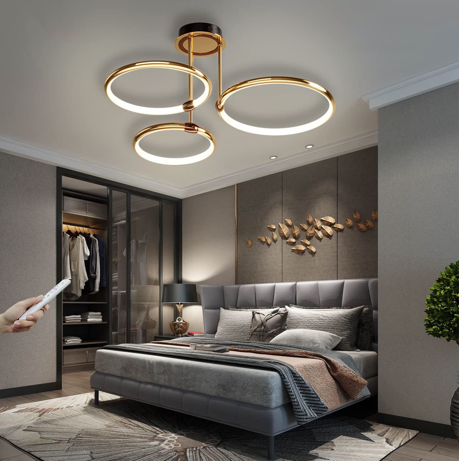 Lampa sufitowa LED Złoty pierścień Nowoczesny ściemnialny z pilotem Metalowy akrylowy okrągły żyrandol Salon Kuchnia Sypialnia Biuro Jadalnia Lampa Dekoracja Oświetlenie (3 pierścienie,Ø55cm,60W)