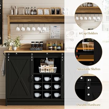 4ever2buy 47 Farmhouse Coffee Bar Cabinet with Storage Hutch, Black