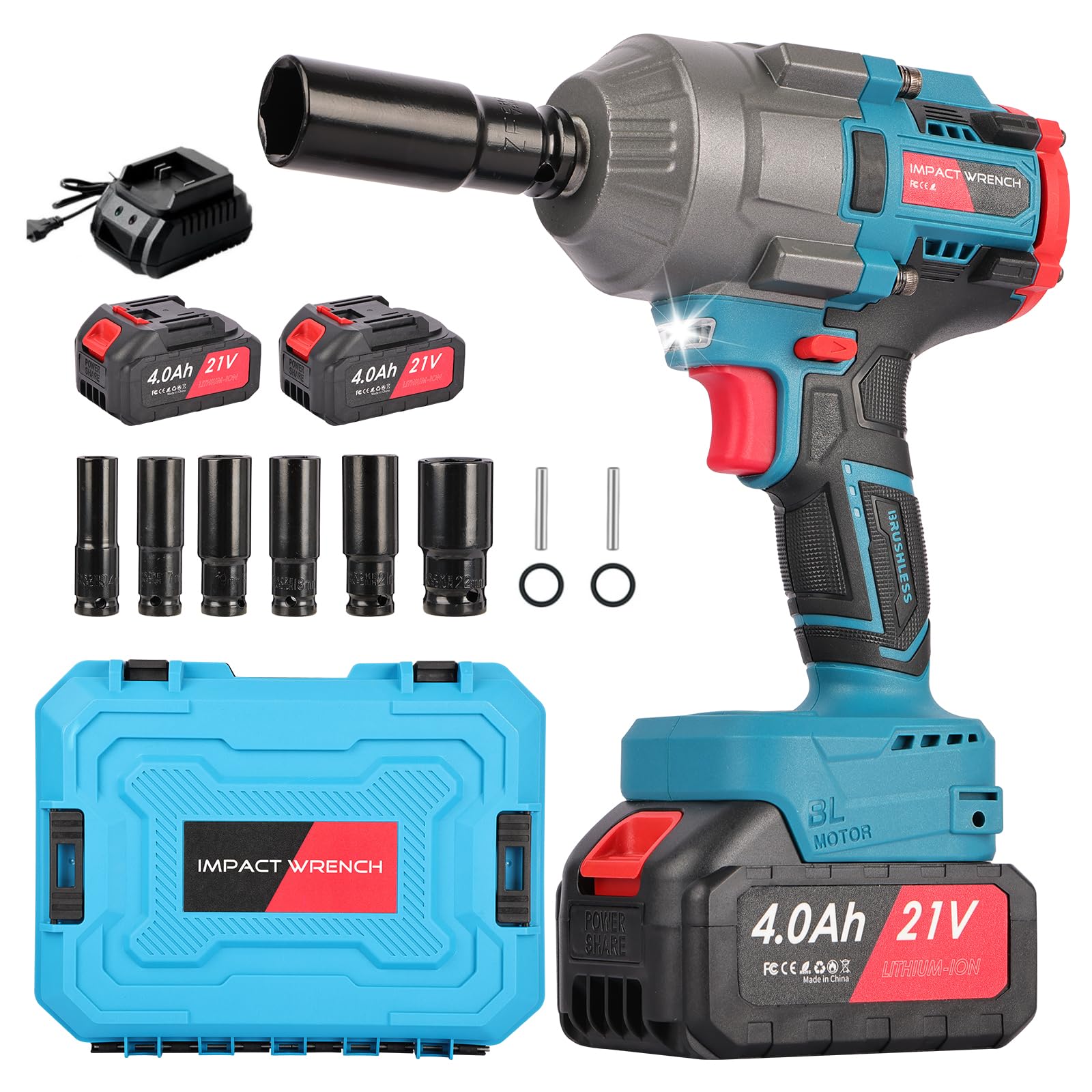 Nexalite Clé à Chocs sans Fil 1300 N.m: Visseuse à Chocs Brushless 21V avec 2 Batteries 4.0Ah, Boulonneuse Électrique Professionnelle avec 6 Douilles, pour Voiture Pneu Réparation