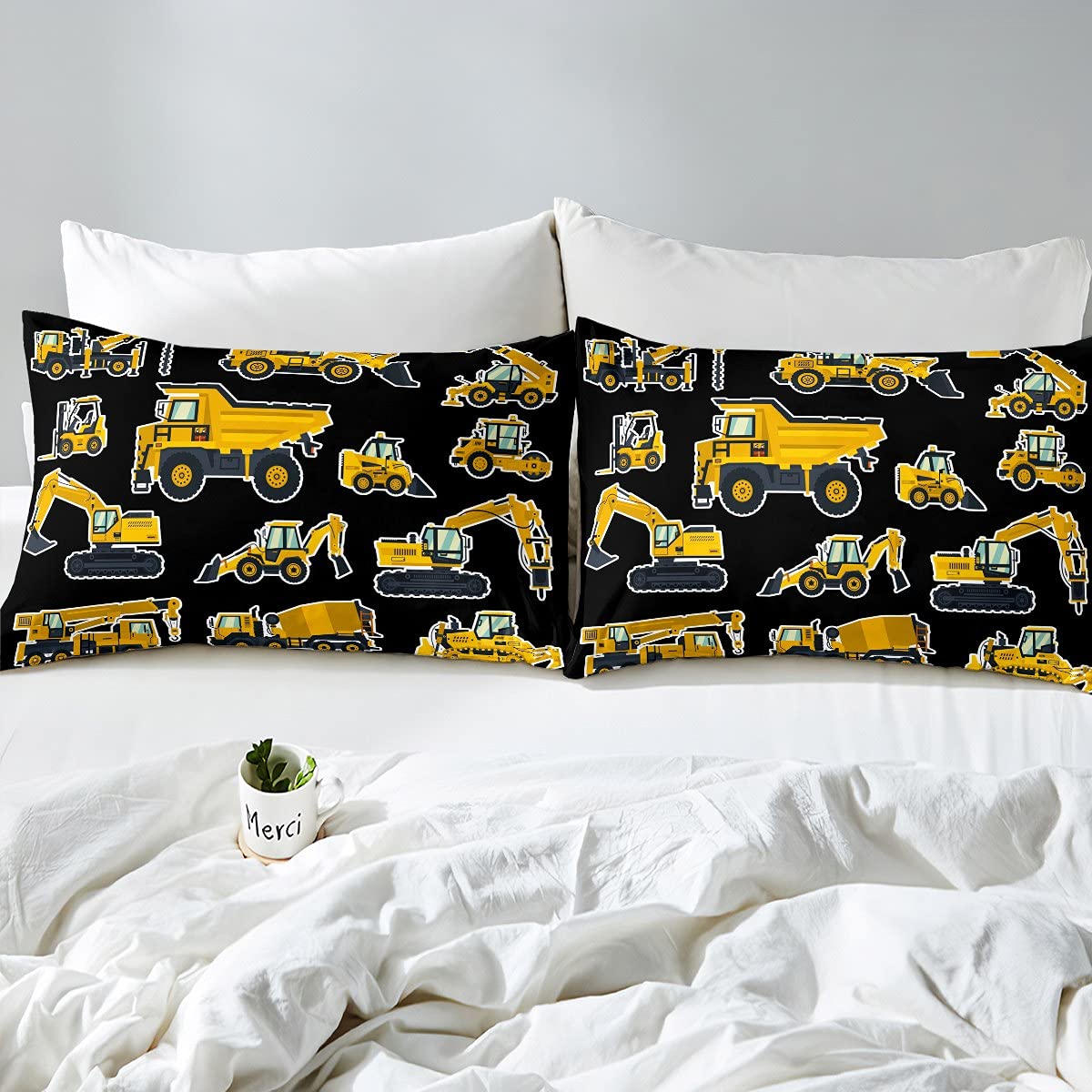 Loussiesd Juego de ropa de cama excavadora para niños, camiones, vehículos, funda de edredón transpirable, color amarillo, negro, ropa de cama y lino y ropa de cama Super King