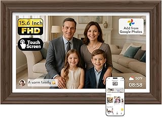 NexFoto Touchscreen Digital Picture Frame 15.6'', FHD WiFi Digital Photo Frame, Wood Electronic Frame 64GB, Add Pics from Google Photos, Share Photos/Videos, for Mom Christmas/Birthday, Walnut
