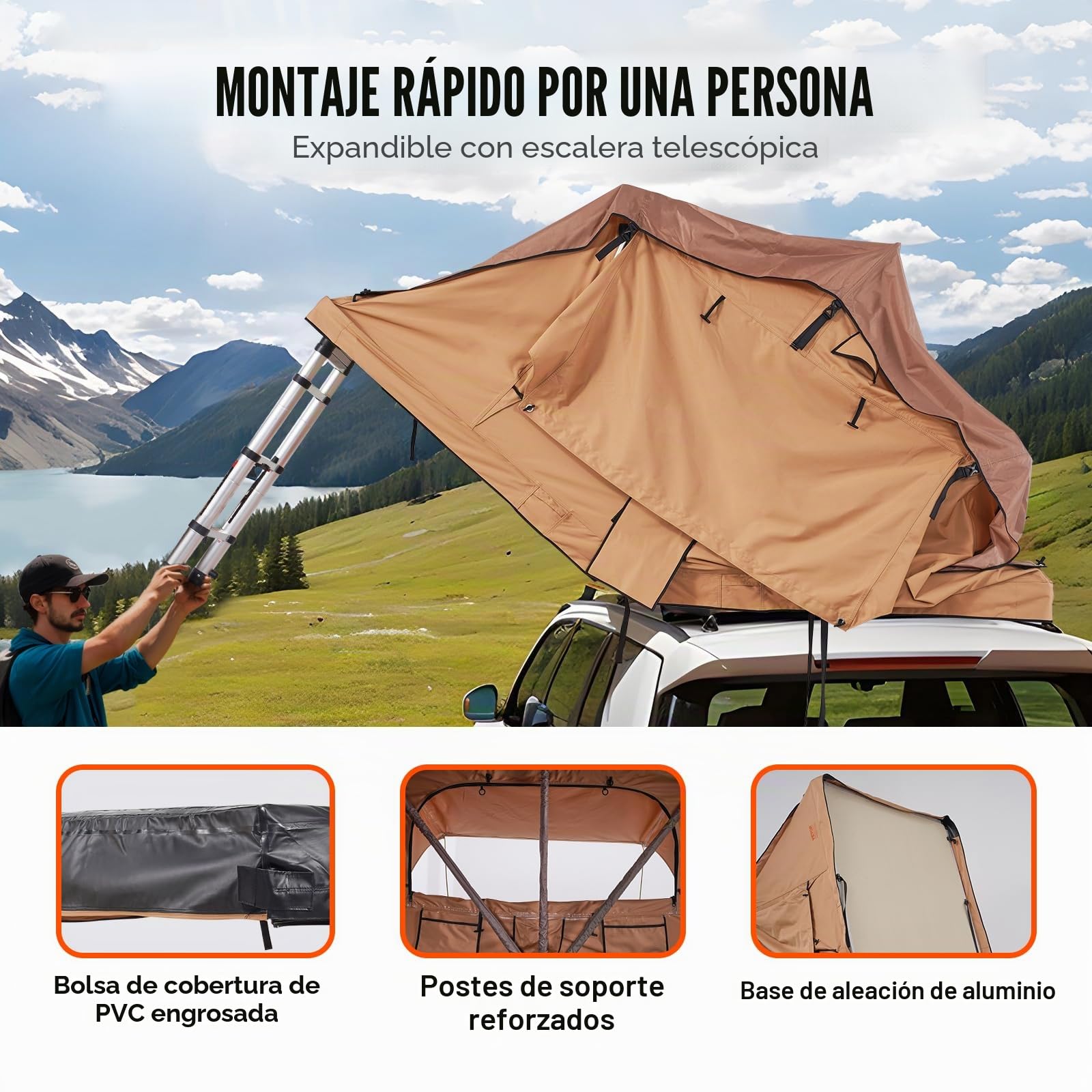 VEVOR - Tienda de Techo para 2-3 Personas, Tienda de campaña para vehículos Plegable e Impermeable, con Escalera telescópica, colchón y Funda para Jeep SUV Pick-up Camión Coches