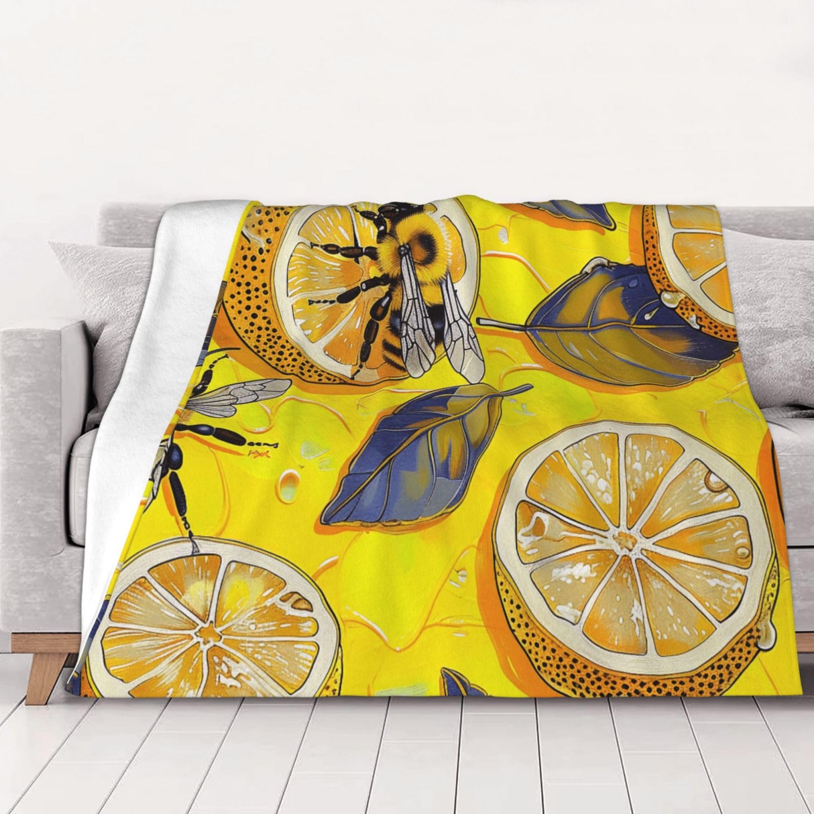 AUBKFELD Yellow Lemon and Bee Printed Flannel Blanket 200x150 CM, Soft & Warm Throw Blanket for Sofa/Couch/Bed/Car, Gifts for Audlts Women Men