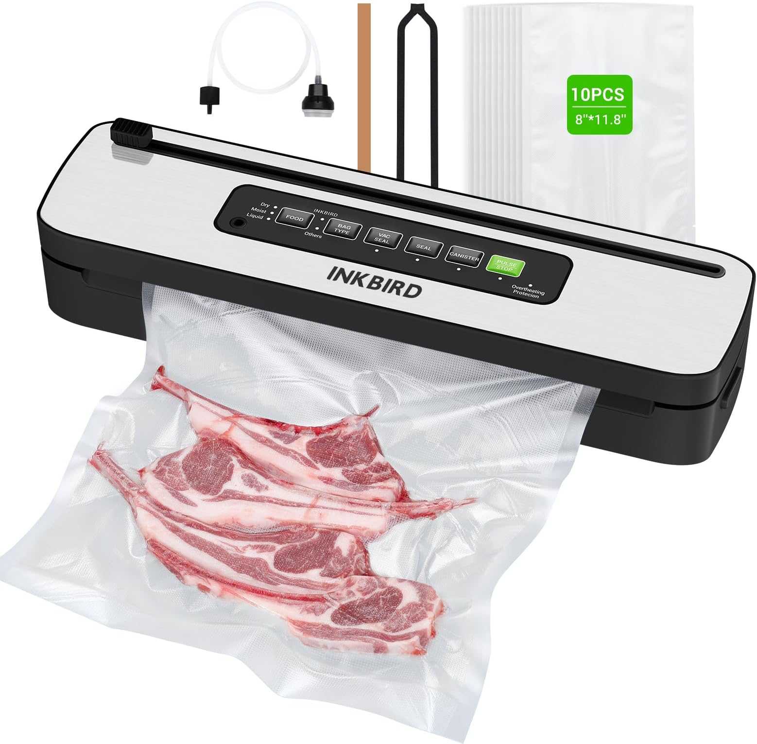 INKBIRD 110W Vacuum Sealer Machine, High Power with Liquid/Moist/Dry 6-Food Modes, Compact Food Preservation System with Cutter, Full Start Kit with Pre-cut Bags*10 (8''*11.8''), EXT-VAC
