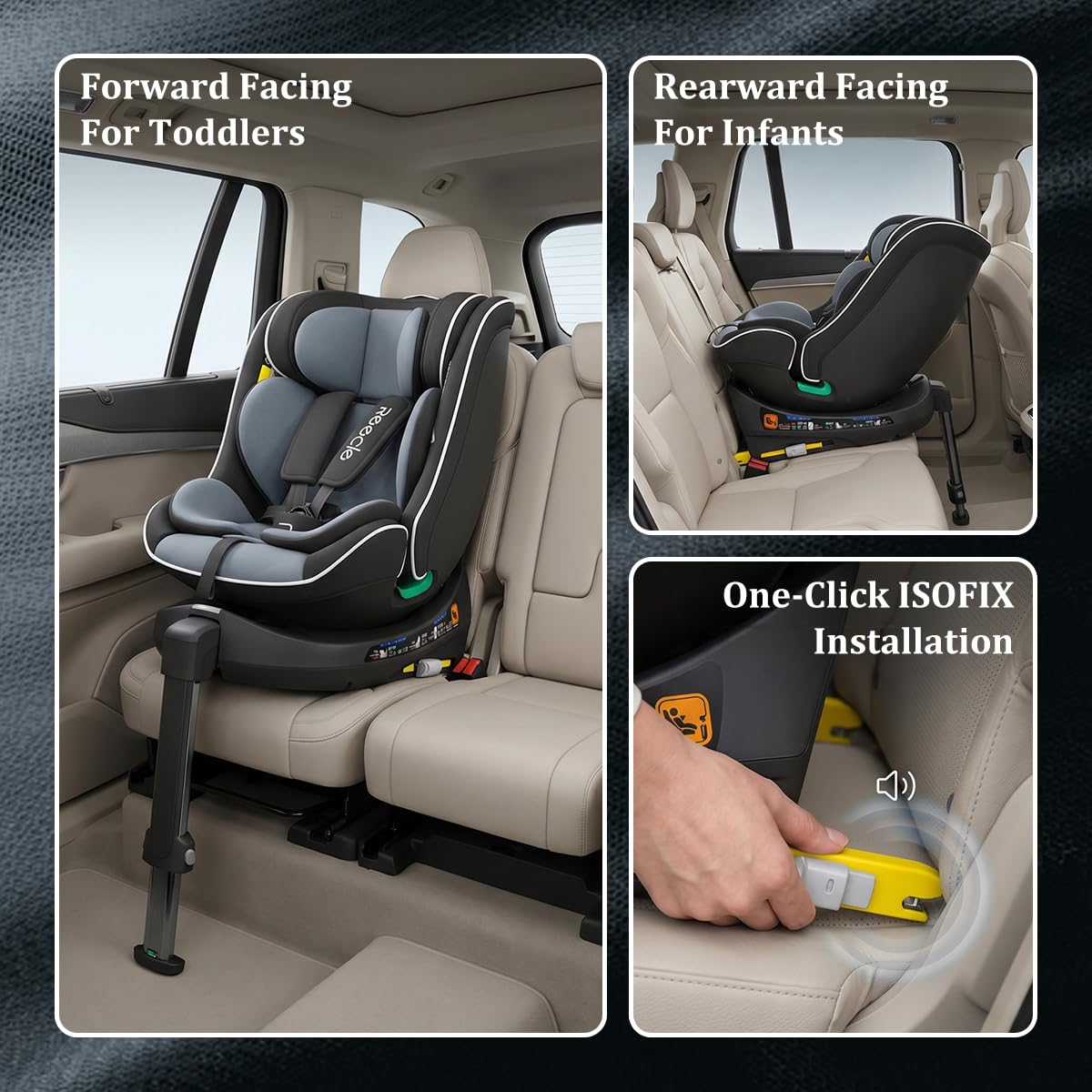 Reecle Kinder-Autositz 360 i-Size, Autositz 360 Grad drehbar, 0-12 Jahre (40-150 cm), Auto Kindersitz mit ISOFIX Stützfuß (Schwarz)
