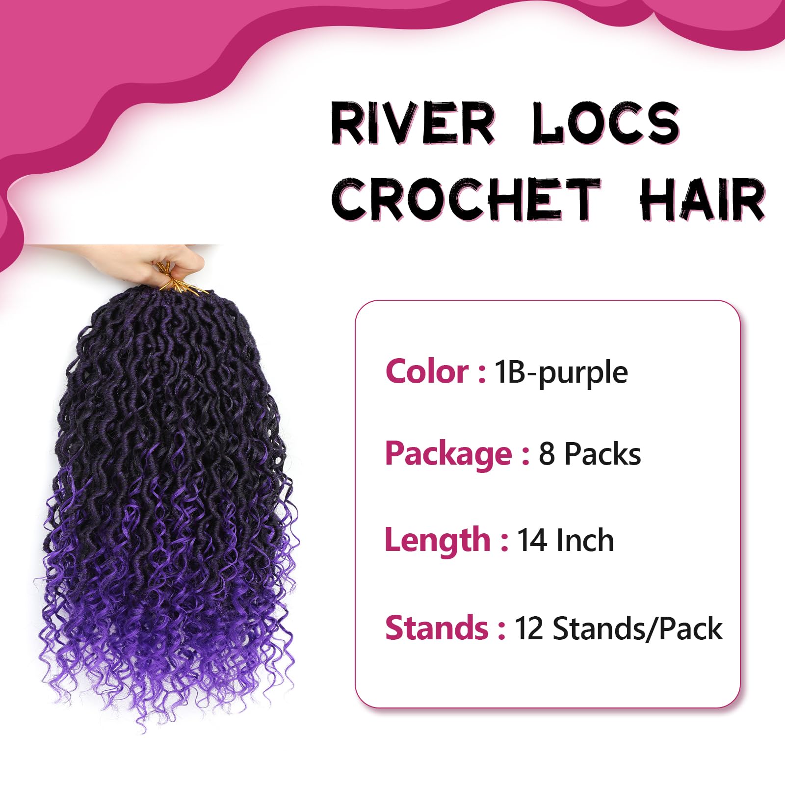 14 Inch Goddess Crochet Hair 8 Packs Faux Locs with Curly Ends for Black Women 1B/Purple Pre-Looped River Locs - Image 3