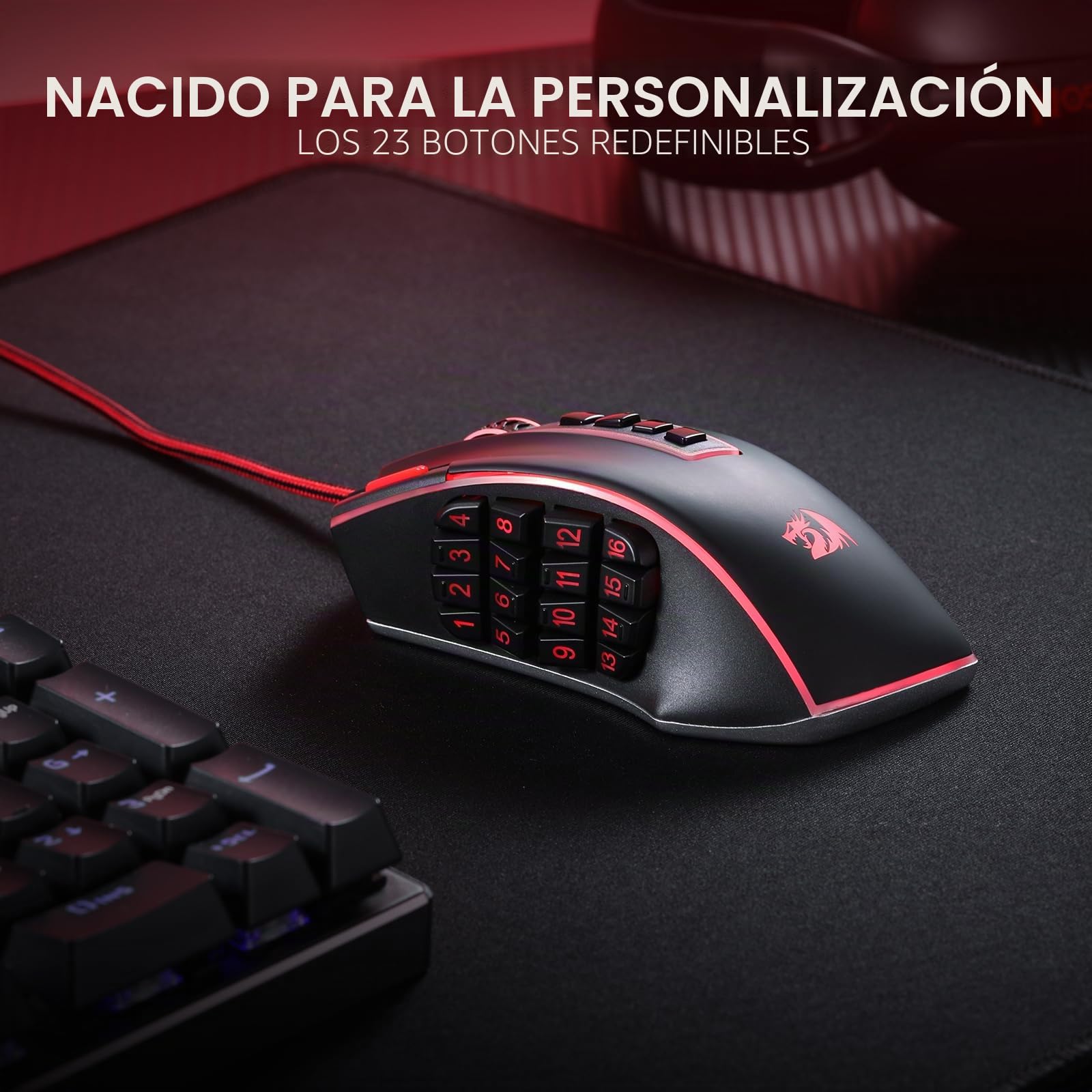 Redragon M990 MMO - Ratón para juegos, 32000 DPI de alta precisión con cable RGB con 23 botones programables, 16 teclas macro laterales, soporte de software, base de aluminio