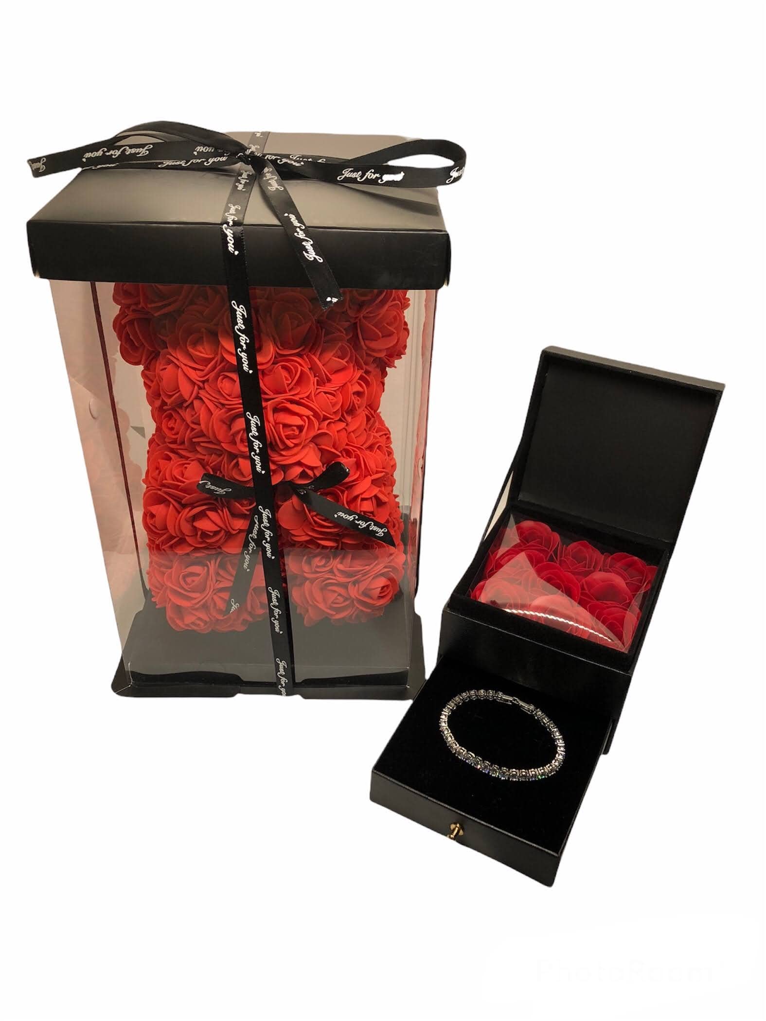 Cadeau durable sans entretien avec Flowerbox carré, Rose Bear et bracelet Swarovski