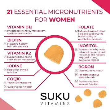SUKU Vitamins - Complete Women's Multi - with Boron, Vitamin K2, B12, A and More for Women Health - Easy to Chew - Non GMO, Gluten Sugar Free - Pineapple & Peach Flavored Gummy Vitamins, 60 Count