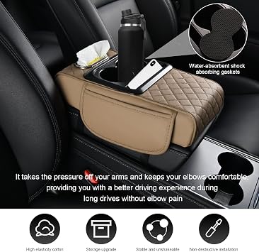 Car Center Console Armrest Pillow, Leather Car Armrest Cushion with Cup Holder & Phone Holder, Universal Armrest Storage Box Protector for Most Vehicles, Car Accessories (Beige, Embroidered)